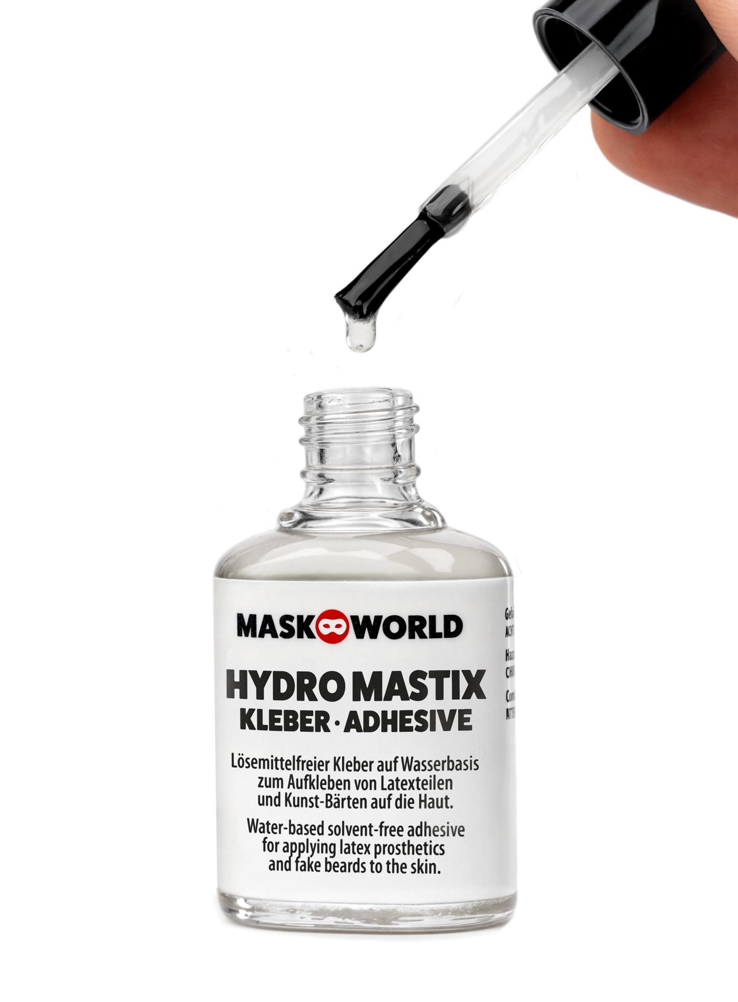 Maskworld Theaterschminke Hydro Mastix Hautkleber 10ml Pinselflasche, Lösemittelfreier Kleber auf Wasserbasis