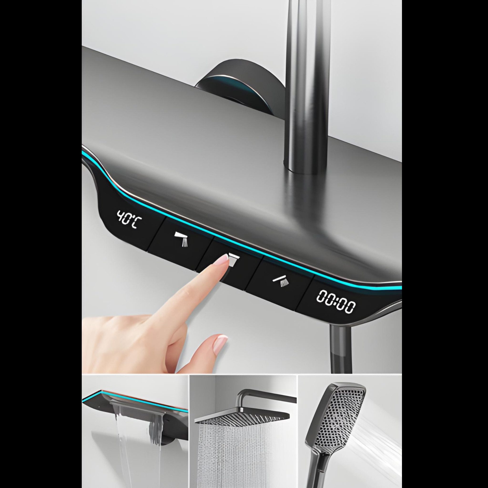 LuxaSteel Duscharmatur Smartes Duschsystem mit LED-Display & Thermostat – Regendusche Set (Komplett-Set, Komplett-Set) Wasserfallauslass, LED-Beleuchtung, internes Wasserkraftwerk