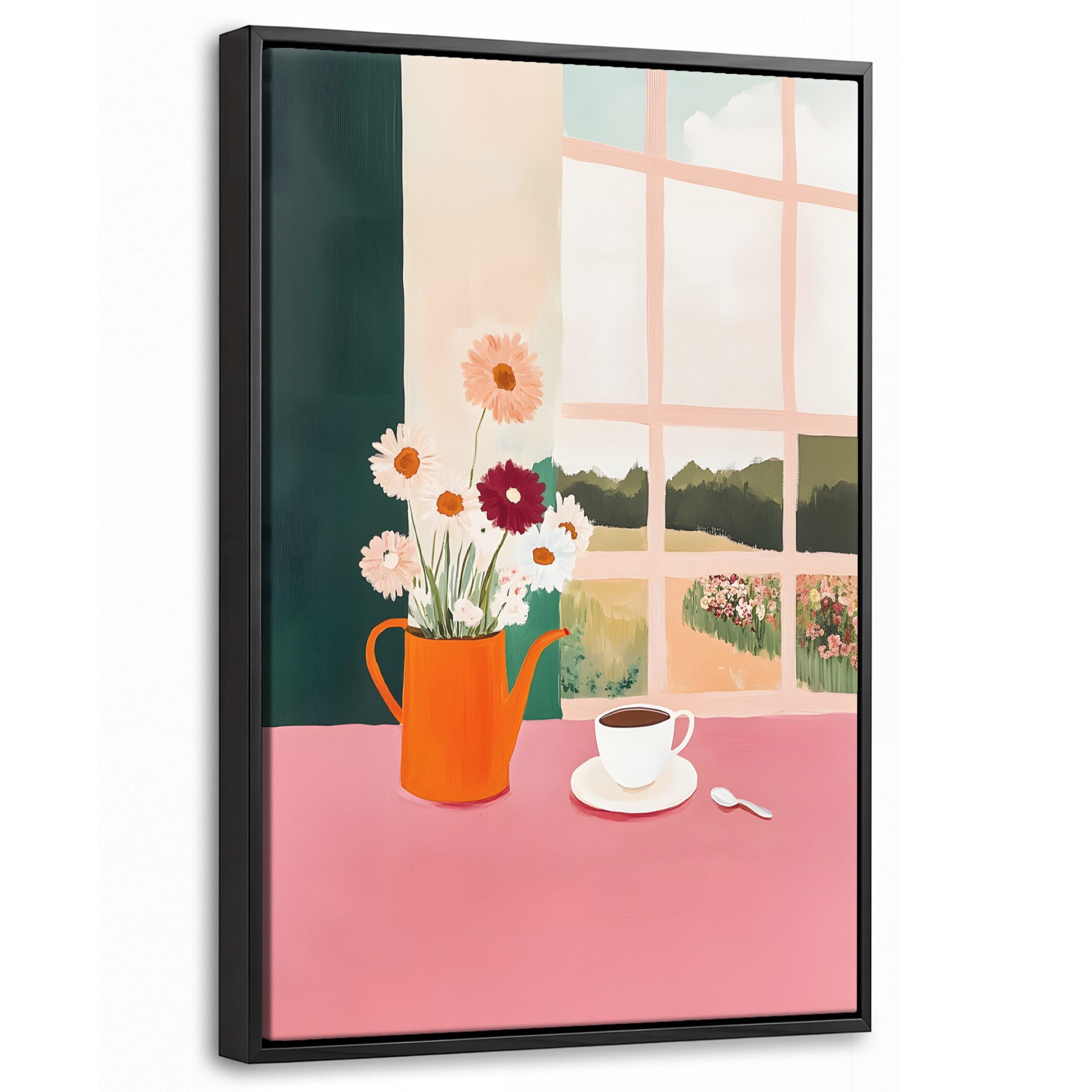 OneMillionCanvasses® Leinwandbild mit Rahmen - Blumen - Kaffee - Fenster, Fotodruck (1 St), Deko für Wohnzimmer Schlafzimmer Küche 20x30cm