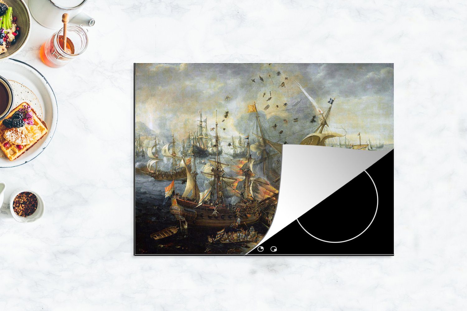 Claesz, Vinyl, Arbeitsfläche nutzbar, Ceranfeldabdeckung Cornelis MuchoWow (1 cm, - 70x52 Herdblende-/Abdeckplatte tlg), Admiralschiffs des Mobile Gemälde von Explosion spanischen