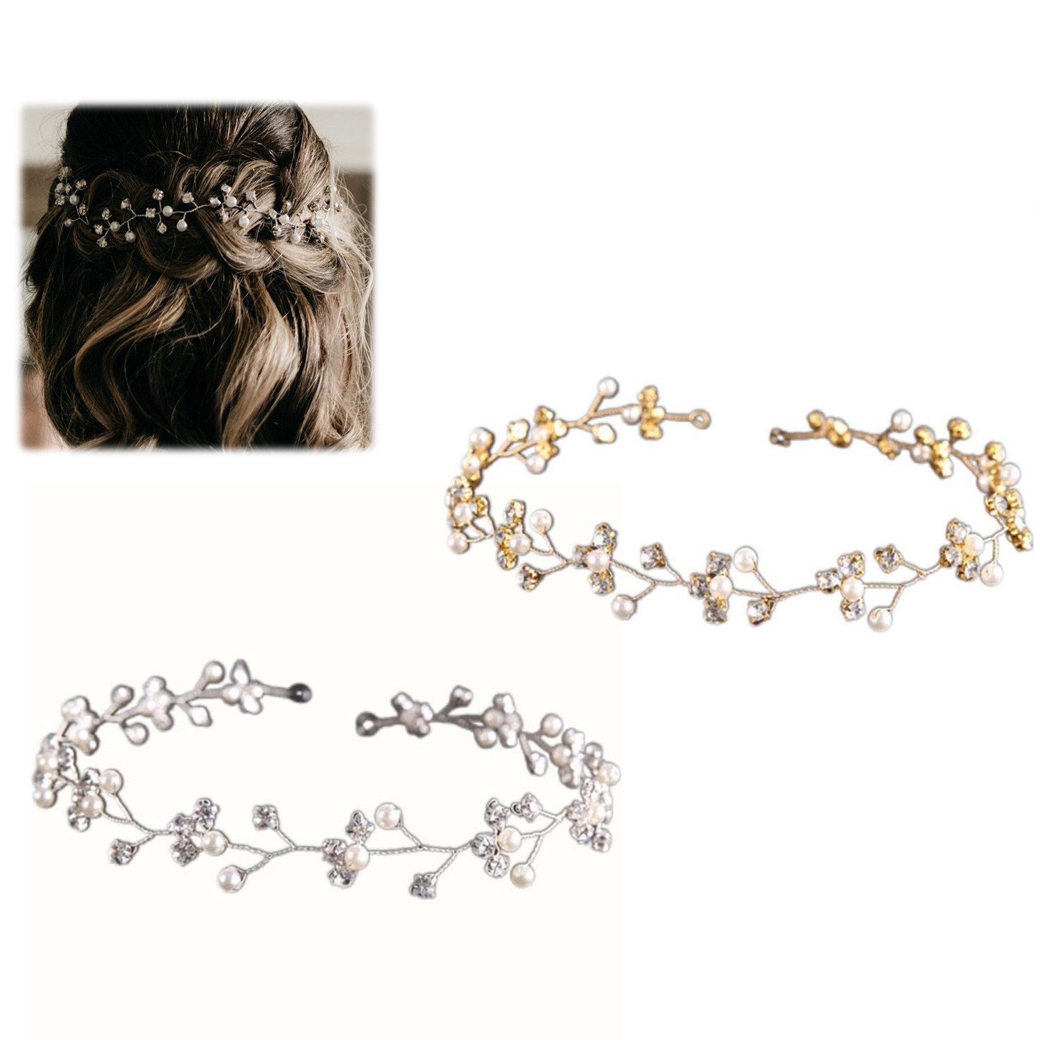 ZEUOPQ Diadem Blatt-Perlen-Haarschmuck Rebe Perle Stirnband Braut (2-tlg), Elegante Haarreif Mädchen Haarschmuck, Gold und Silber