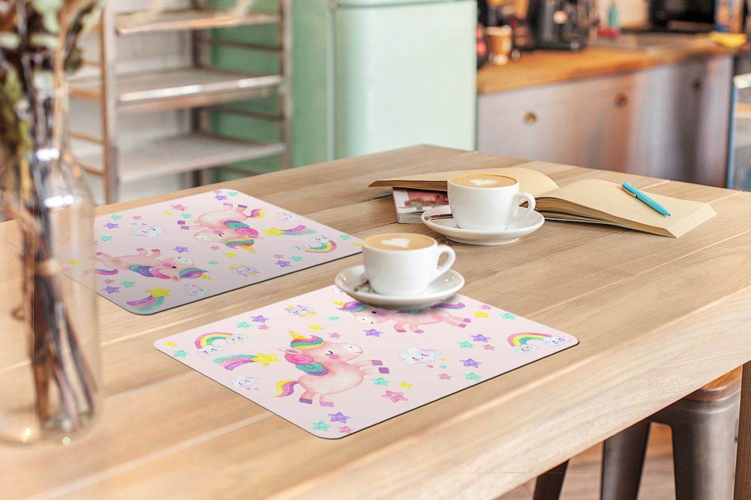 MuchoWow Platzset Einhorn - Regenbogen - Rosa - Mädchen - Kinder, (6-St), Platzset, Platzdecken, Platzmatte, Tischmatten, Schmutzabweisend