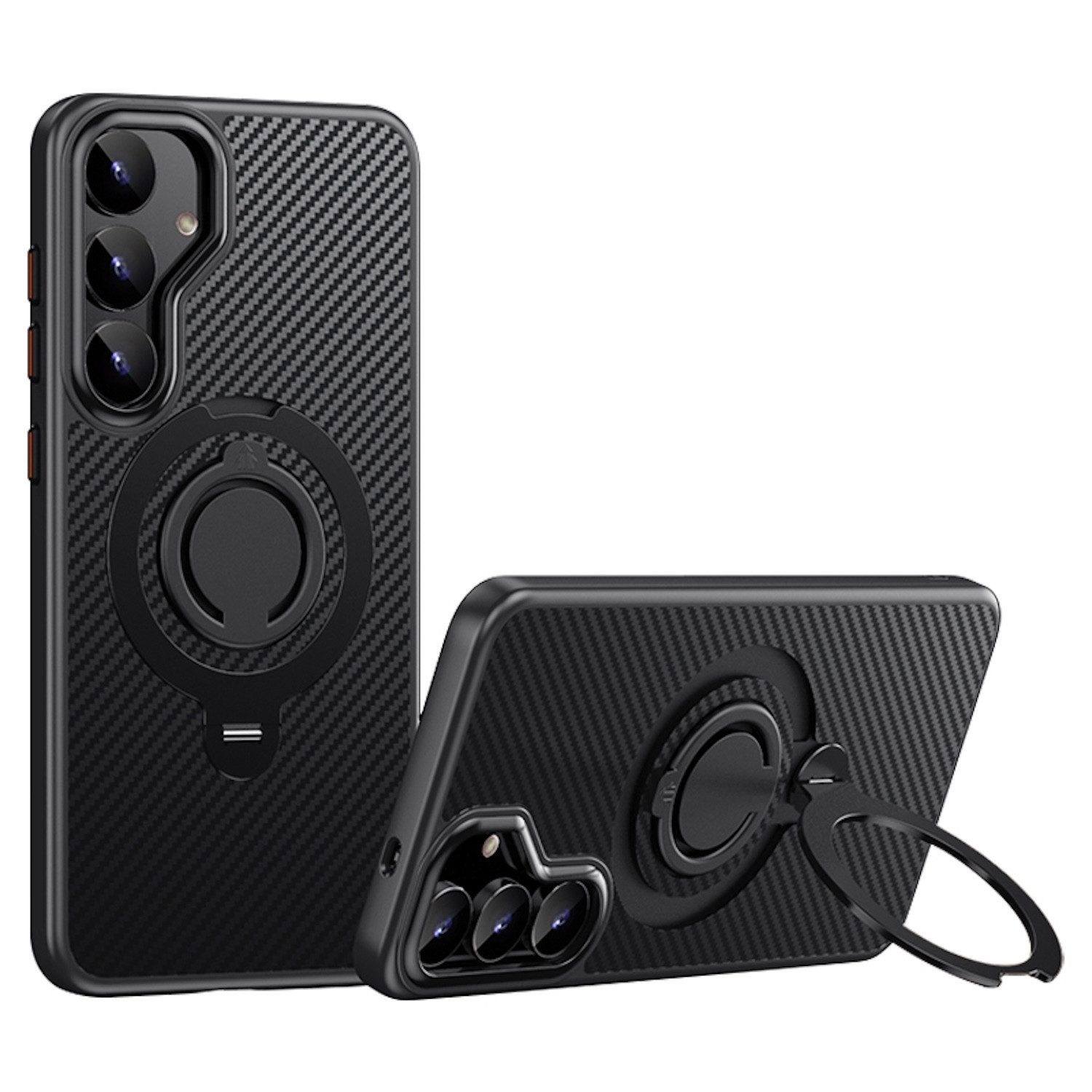 Wigento Handyhülle Für Samsung Galaxy S25 Plus MagSafe Carbon Design TPU Ringhalter Hülle, Stoßfest, MagSafe-kompatibel, 360-Grad-Halterung