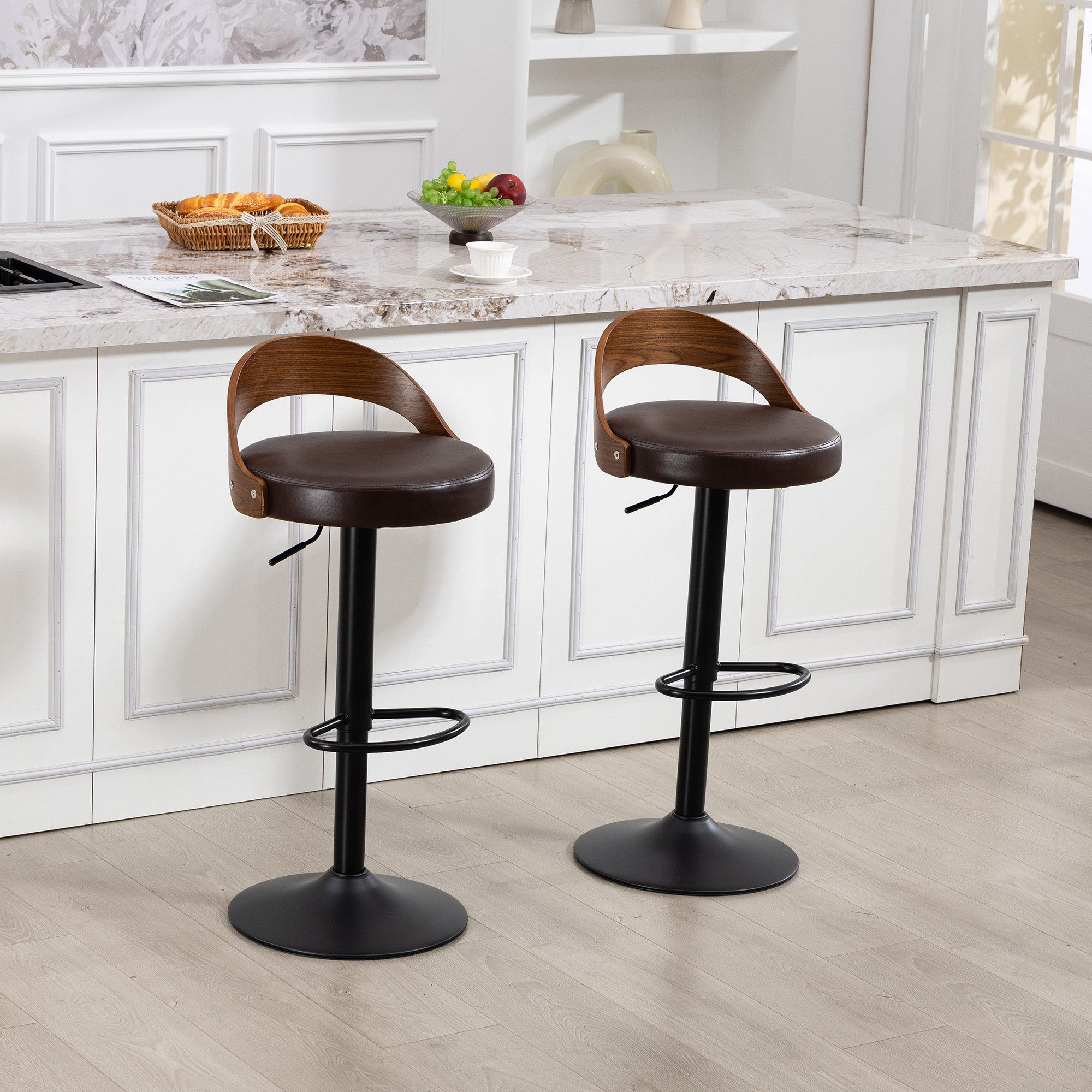 HAUSS SPOLE Barhocker 360° drehbar,Drehstuhl Hocker höhenverstellbar mit Rückenlehne,Braun (Tresenhocker mit PU-Sitzkissen und vergrößertem Fußkreuz), Thekenhocker für Küchen,Esszimmer oder Bars