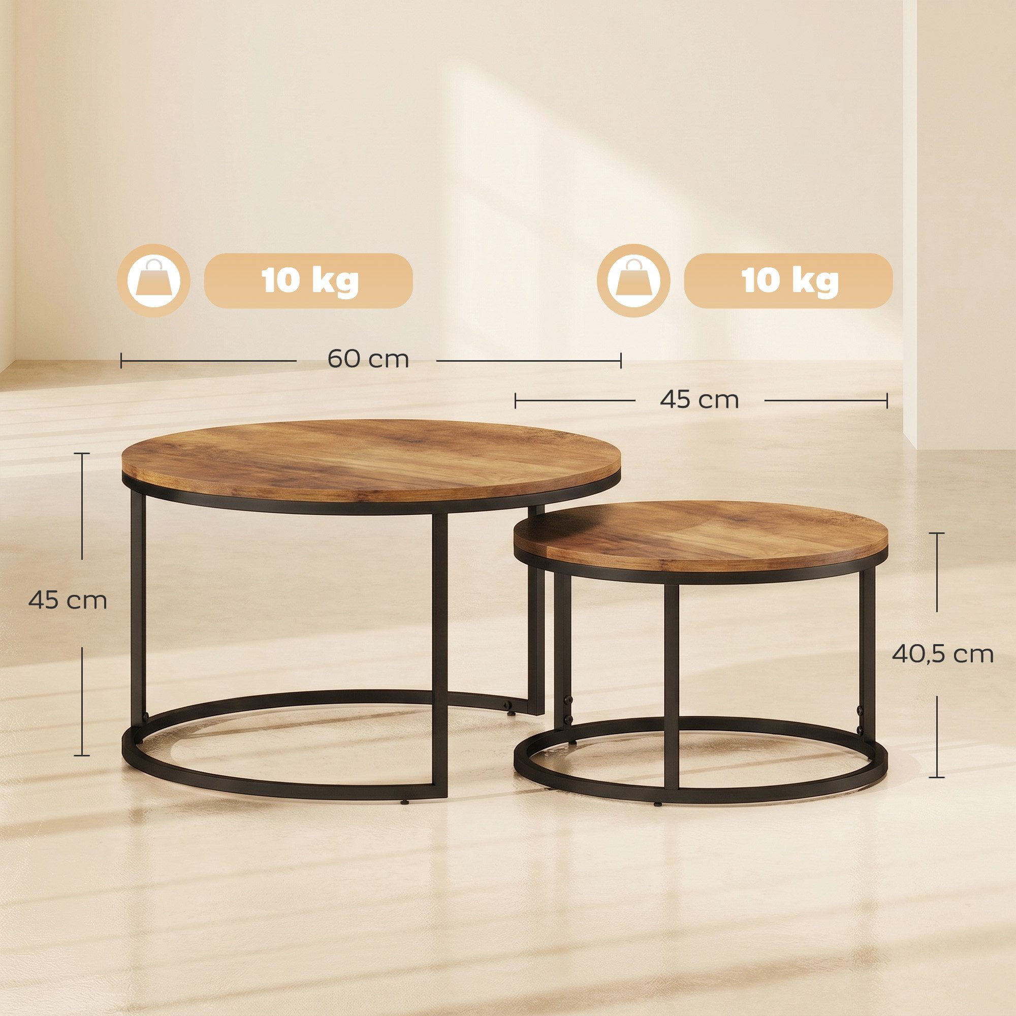 HOMCOM Couchtisch Runde Beistelltisch Kaffeetisch im Industrie-Stil mit Metallgestell (Set, 2-St., 2er-Set), für Wohnzimmer, Schlafzimmer, 60 x 60 x 45 cm, Braun