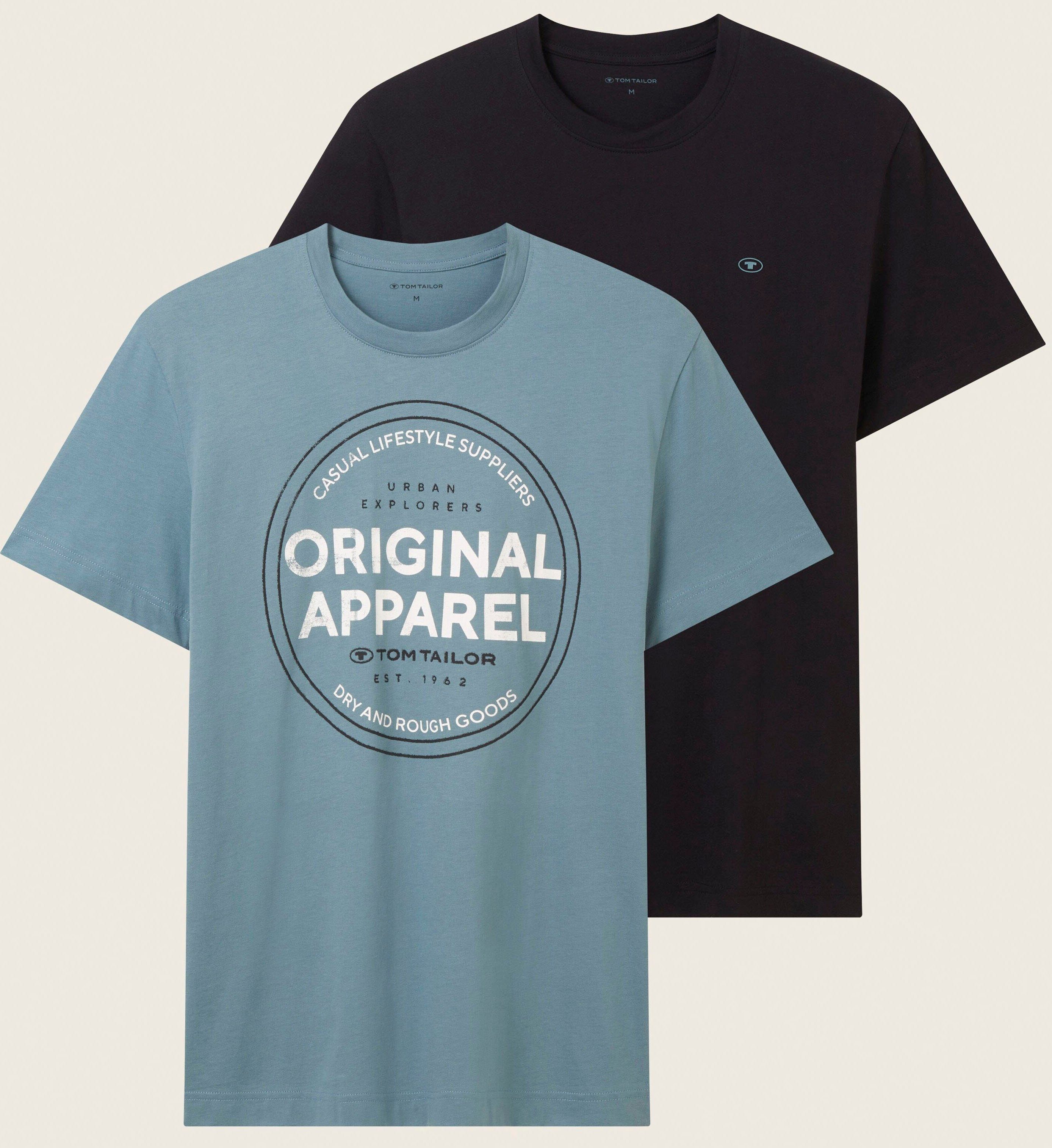 TOM TAILOR T-Shirt (Packung, 2-tlg) 1x mit großem Print 1x mit kleinem Logo auf der Brust graugrün + schwarz