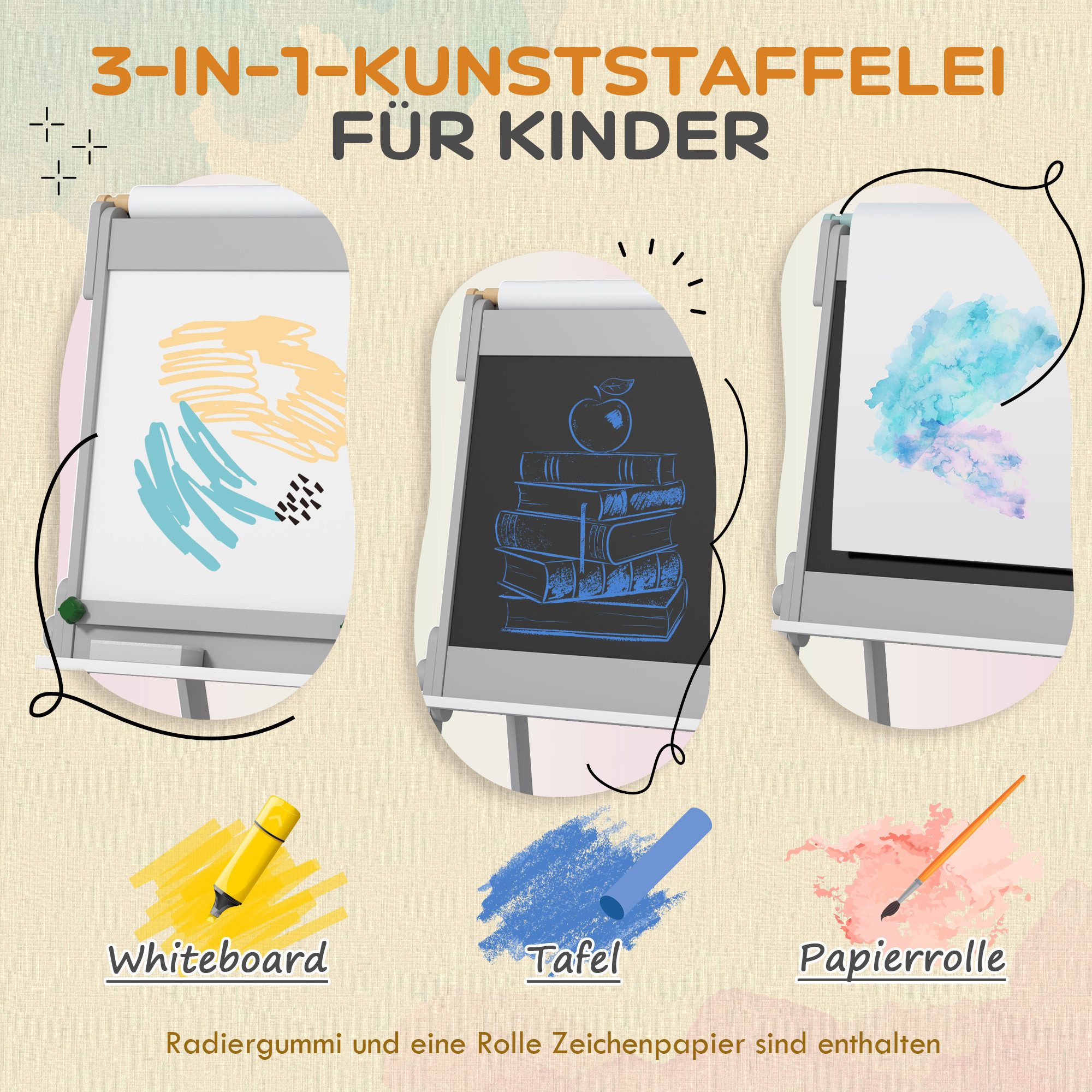 AIYAPLAY Tafel Kreidetafel Radiergummi Zeichenpapier Standtafel, (Kinder Staffelei, 1-tlg., Kindertafel), für Kinder 3-8 Jahre, Grau – Bild 4 von 5