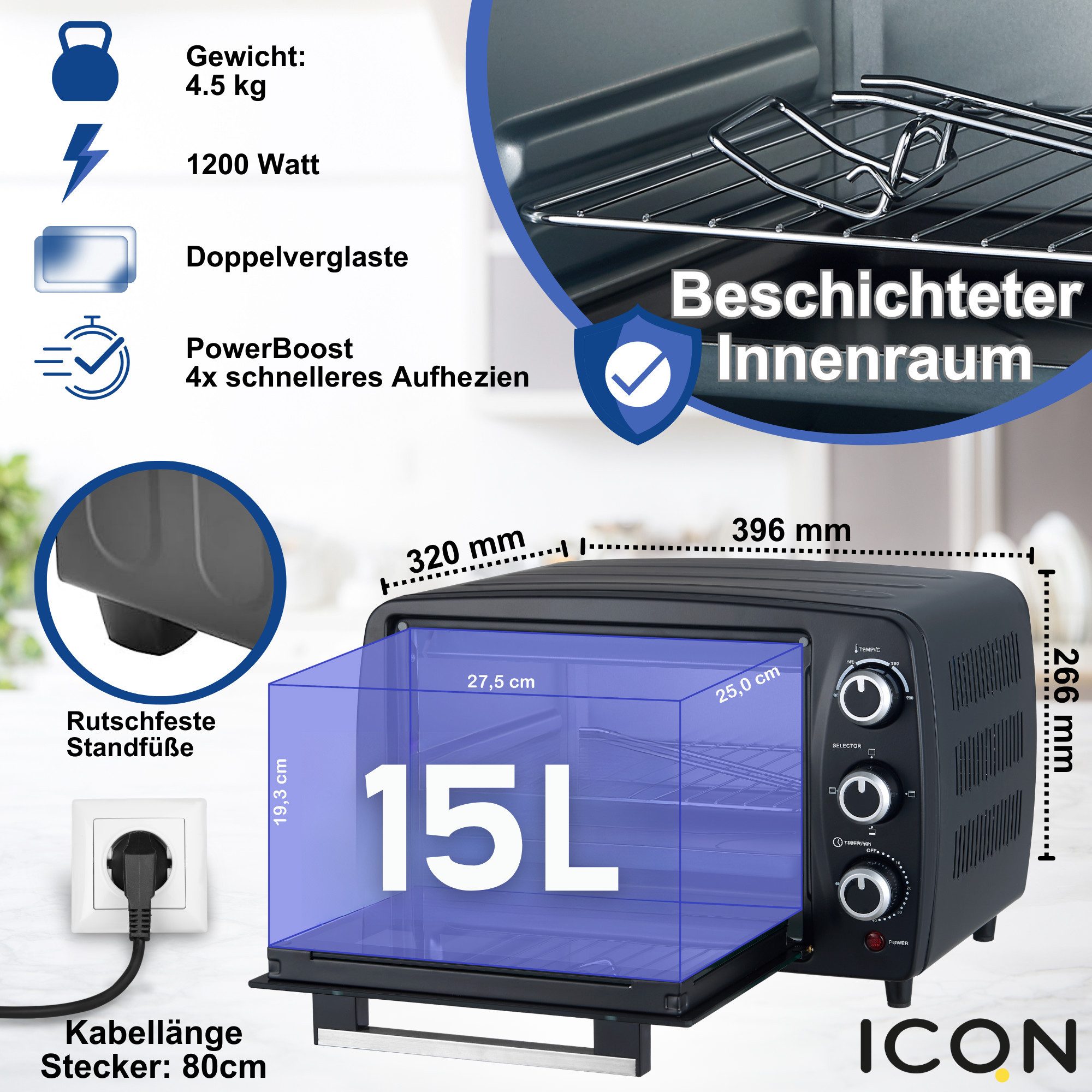 ICQN Kleinküche ICQN Minibackofen 15 Liter, 1200W, 90-230°C, 60 min. Timer, Anthrazit, 3 Kochfunktionen, 60 min, Doppelverglassung, 90-230°C