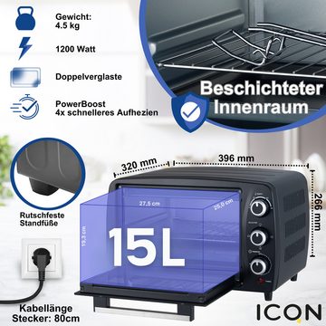 ICQN Kleinküche ICQN Minibackofen 15 Liter, 1200W, 90°C-230°C, 60 min. Timer, Anthraz, 3 Kochfunktionen, 60 min, Doppelverglassung, 90-230°C