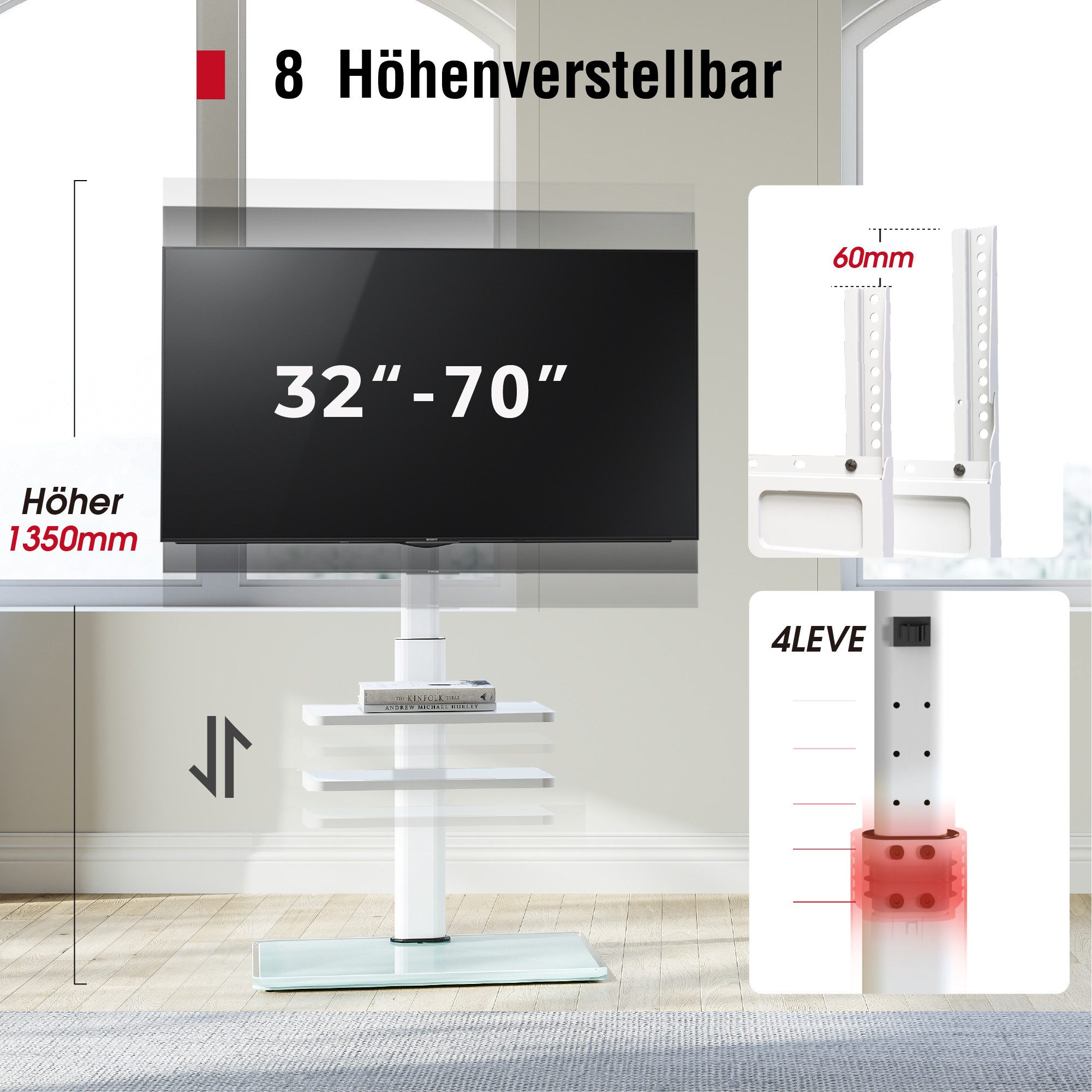 AOKCOS TV-Ständer höhenverstellbar, mit 2 Ablagen, 32-70 Zoll, (bis 70 Zoll, von 1095 mm bis 1350 mm hoch, ±30° schwenkabr, -2° - +10° neigbar)