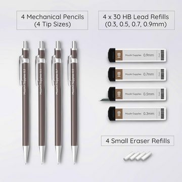 MozArt Supplies Druckbleistift 4er Set Metall Skizzierstifte Minen 0,3 – 0,9mm Bleistift, mit Radiergummis, Ersatzminen & Etui