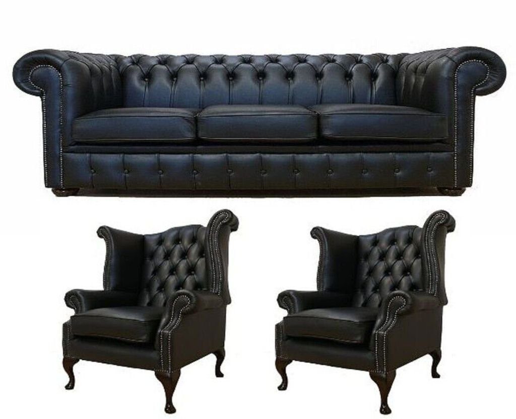 Leder Chesterfield Ohrensessel), Textil Wohnzimmer-Set Sofa/2x 100% 3 Sitzer in (3-St., JVmoebel Made Leder Sofort, Sofagarnitur Komplett Europa