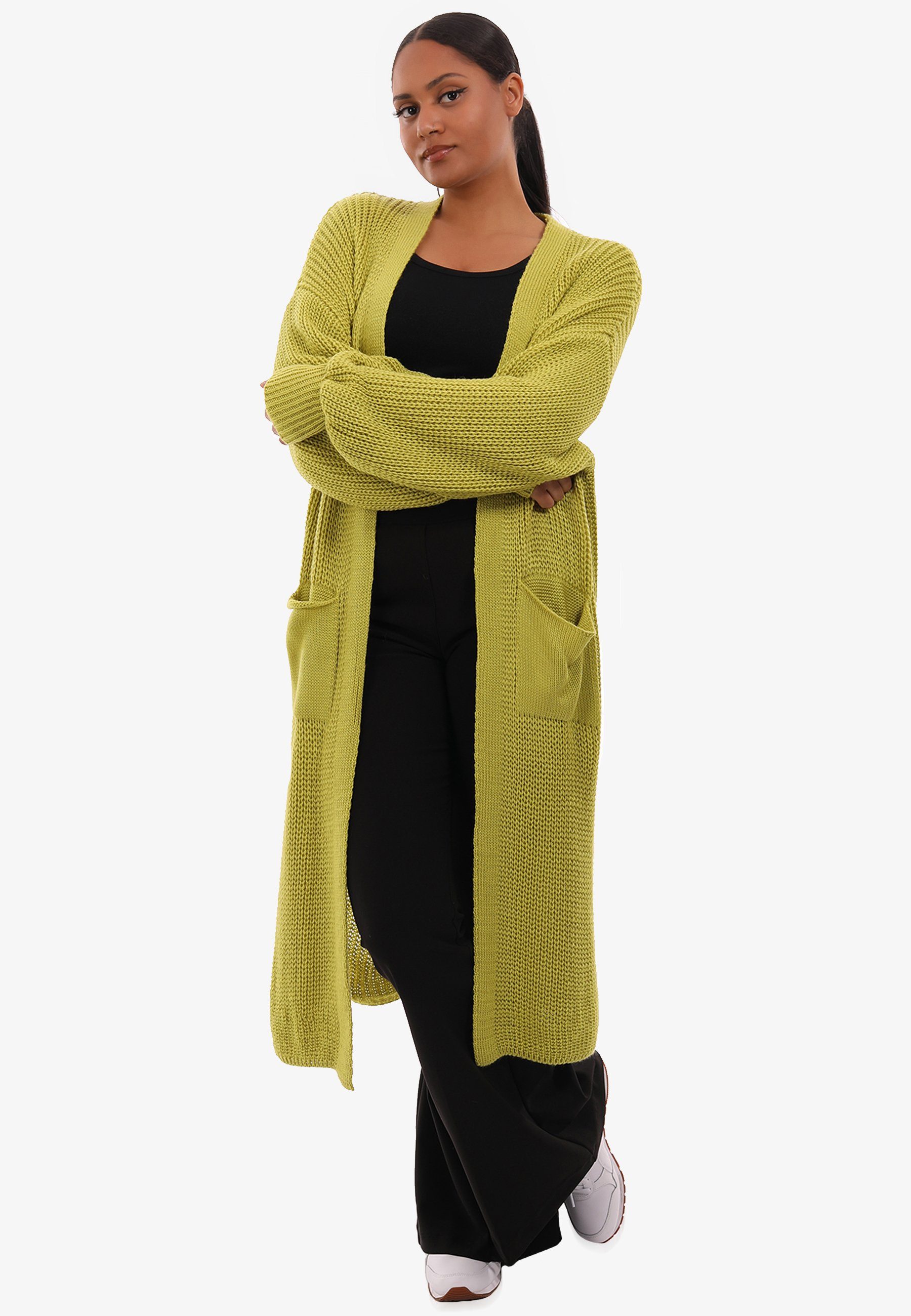 mit & in Cardigan Cardigan aufgesetzten Basic Unifarbe, Taschen Fashion YC Verschlusslos Strickjacke Style lime