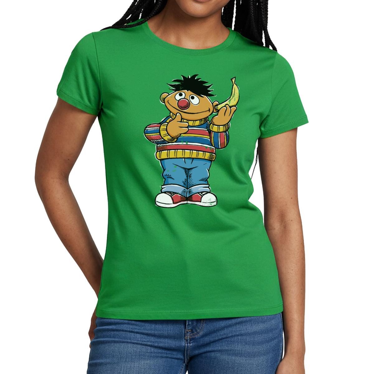 Spreadshirt T-Shirt Sesamstraße Ernie Mit Banane Pose Lustig Used Look Frauen T-Shirt (1-tlg)