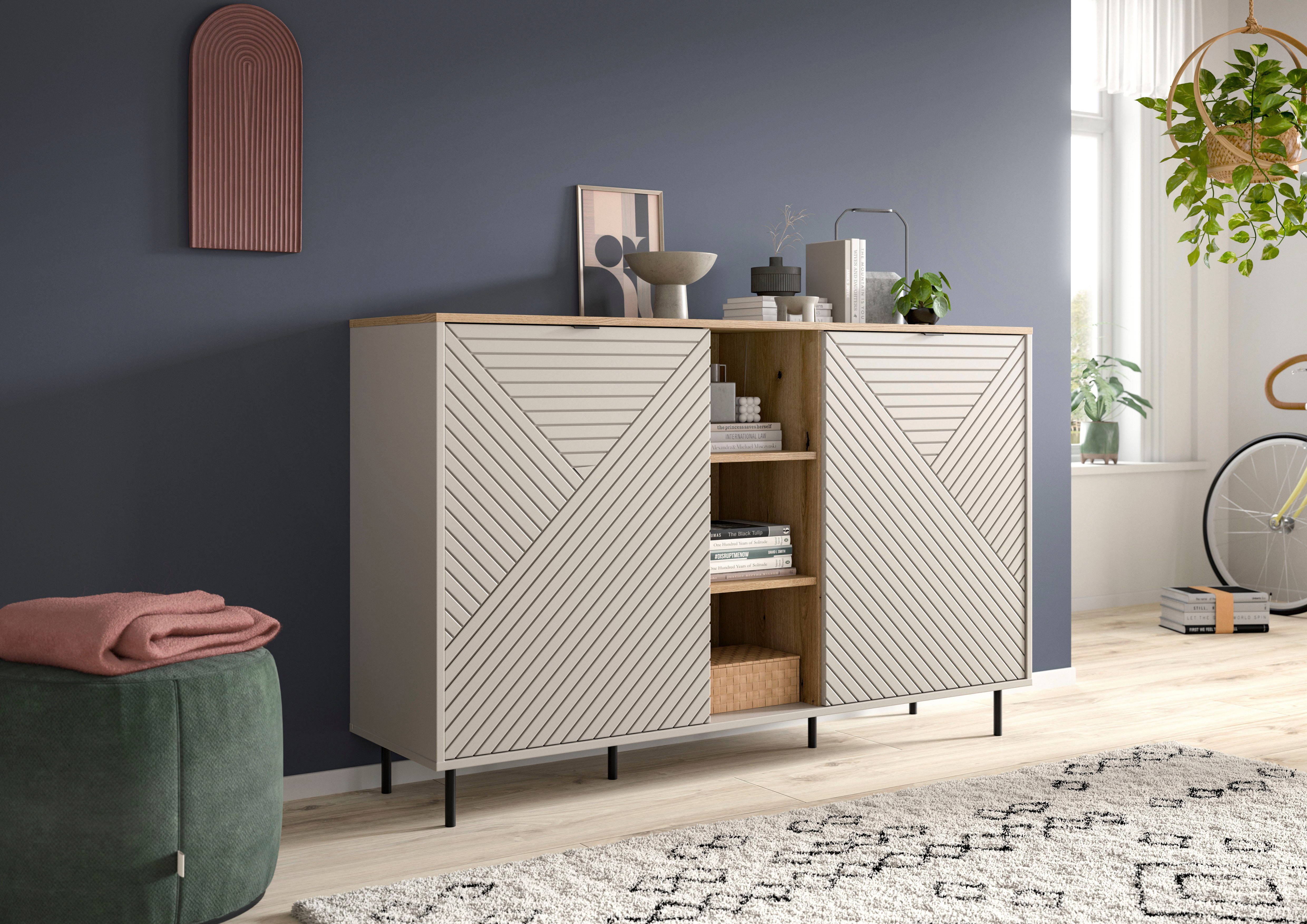 Home affaire Sideboard RAITA, Breite 154 cm, Front mit Desgin-Fräsung, 2 Türen, viel Stauraum (moderne Farbkombi, individuell einsetzbar, Griffe & Füße aus Metall), Kommode, Anrichte, Schrank, Highboard, TV-Board