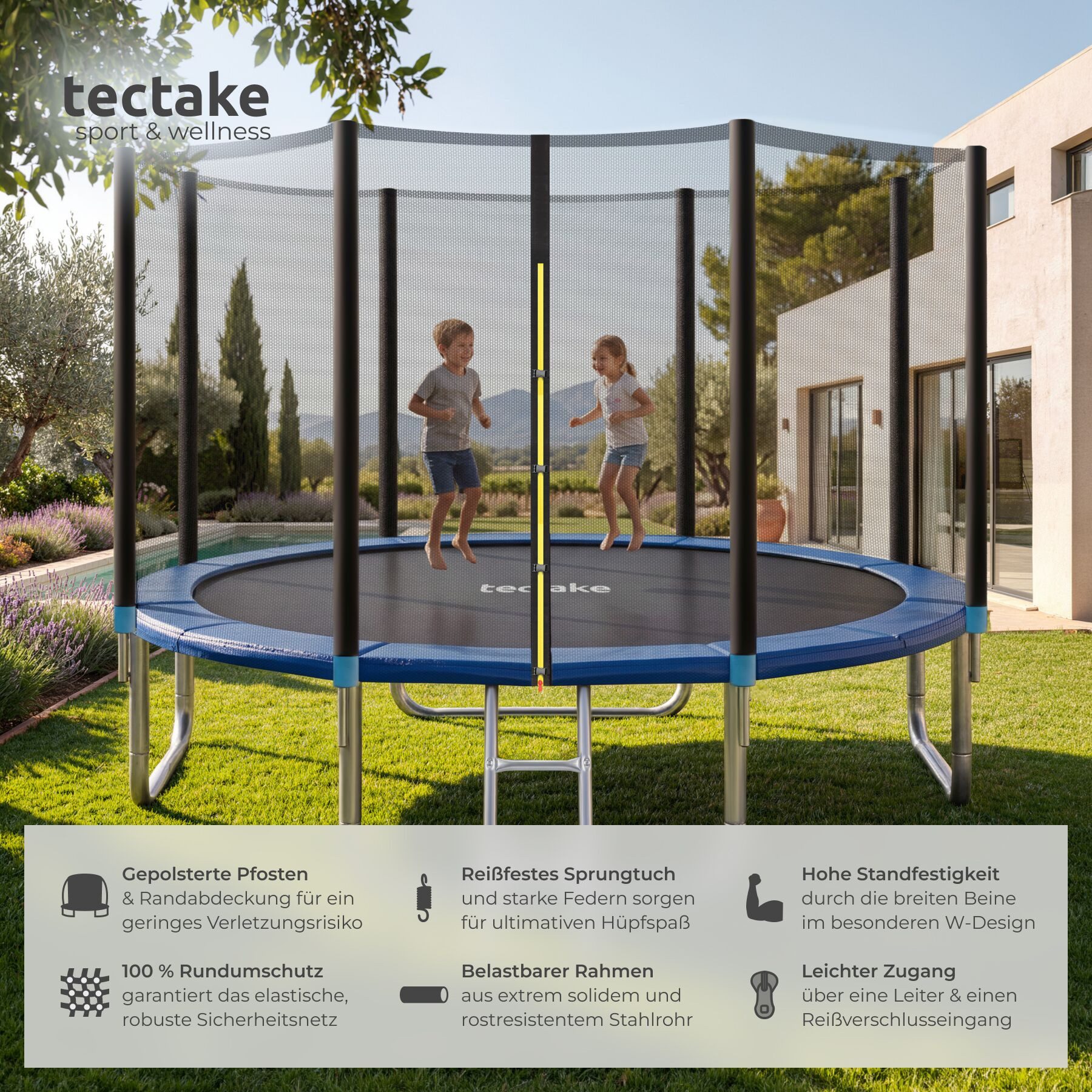 tectake Gartentrampolin Sprunggerät Ø 366 cm, GS zertifiziert, mit Sicherheitsnetz, (Trampolin Mit Sicherheitsnetz Garfunky, in Schwarz/blau), reißfestes Sprungtuch, Inkl. Einstiegsleiter