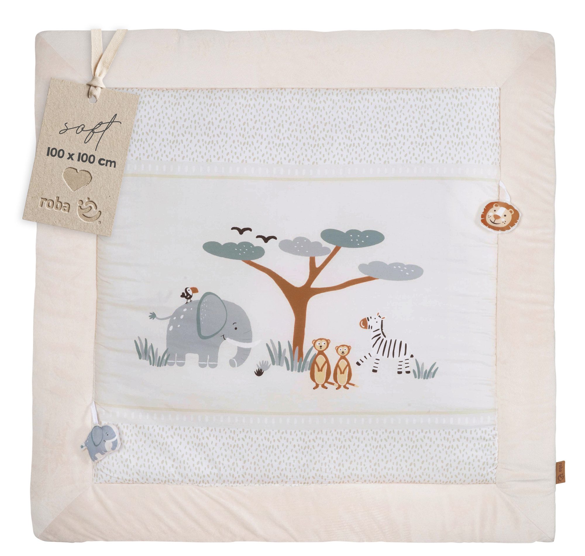 Krabbeldecke Savanna Friends 100 x 100 cm - Weich gepolsterte Spielmatte für Babys, roba®, Ab Geburt - Spieldecke aus Baumwolle - Tier-Design - Beige