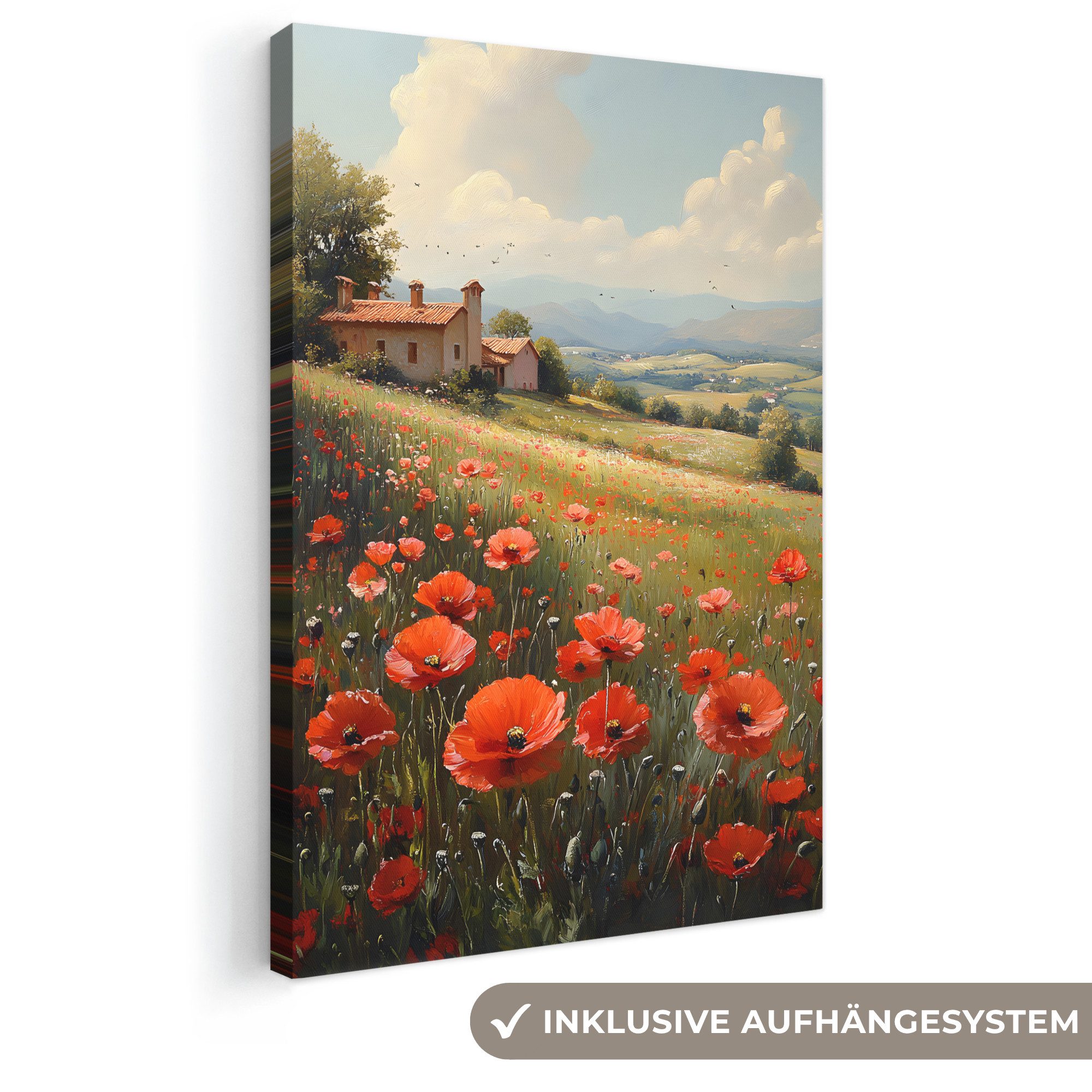 OneMillionCanvasses® Leinwandbild Mohnblumen - Rot - Hügel - Landschaft, Fotodruck (1 St), Leinwand Canvas Wandbild, Wanddekoration 20x30 cm