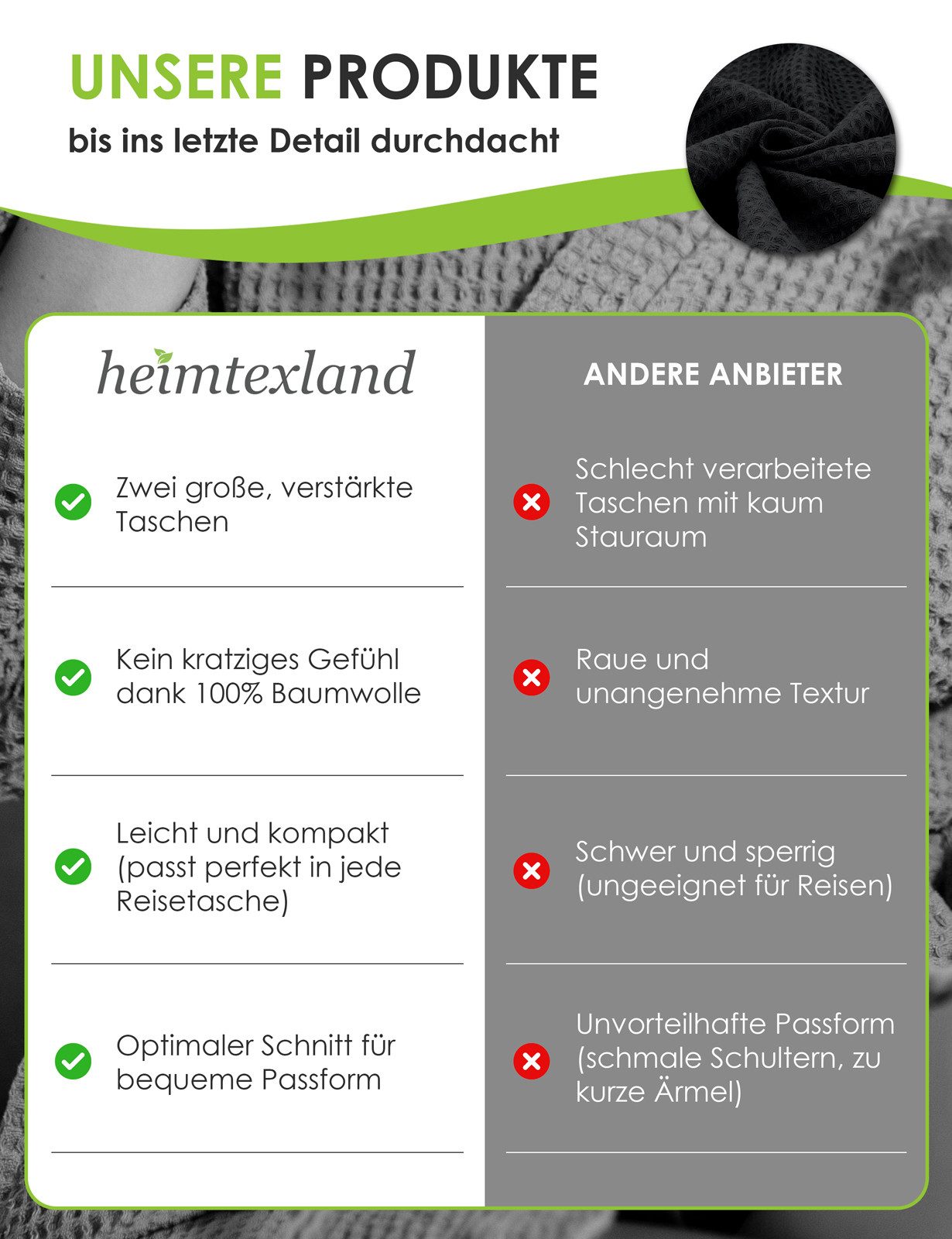 heimtexland Bademantel Reisebademantel Saunamantel Waffelpique Morgenmantel, Midilänge, Baumwolle, 2 Taschen I Bindegürtel, Gürtel, leicht I atmungsaktiv I kleines Packmaß I 100% Baumwolle