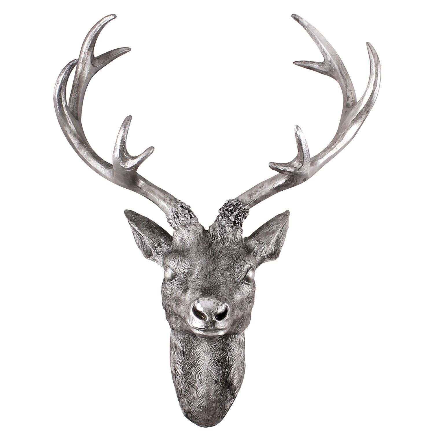 Mojawo Wanddekoobjekt XL Hirschgeweih Hirschkopf Geweih 10-Ender Silber Optik 30x18x40cm