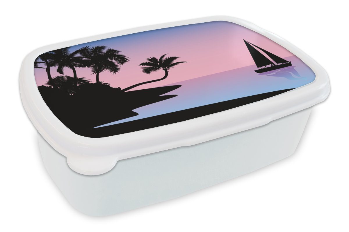 MuchoWow Lunchbox Strand - Boot - Palme - Schatten, Kunststoff, (2-tlg), Brotbox für Kinder und Erwachsene, Brotdose, für Jungs und Mädchen weiß