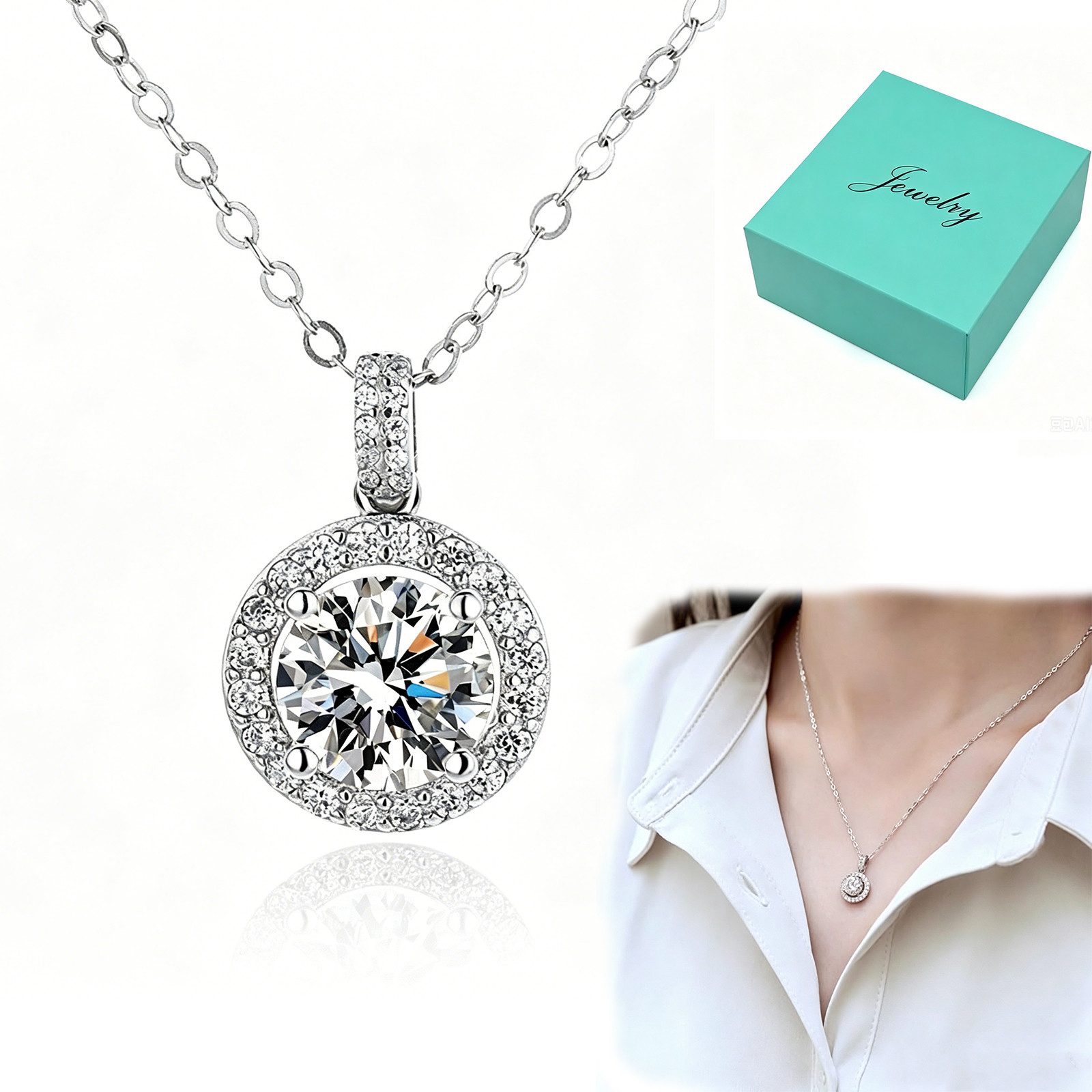 MOPUEA Silberkette 1 Karat Moissanit Silberkette 925 Silber Damen Schmuck (Schmuckset, 925 Silber Halskette mit 1 Karat Moissanit Anhänger), Hypoallergen, glänzend, langlebig, elegant, hautfreundlich