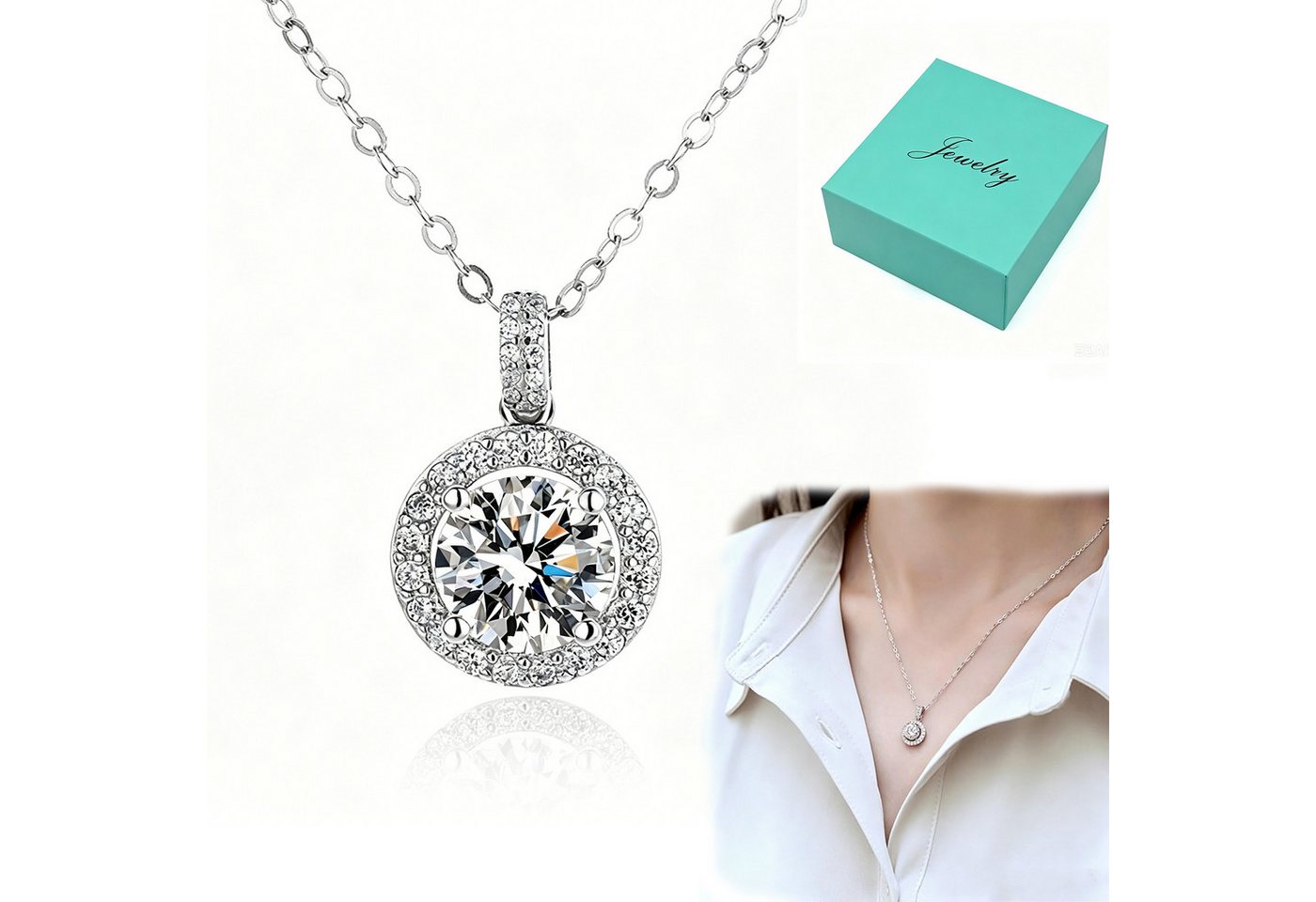 MOPUEA Silberkette 1 Karat Moissanit Silberkette 925 Silber Damen Schmuck (Schmuckset, 925 Silber Halskette mit 1 Karat Moissanit Anhänger), Hypoallergen, glänzend, langlebig, elegant, hautfreundlich