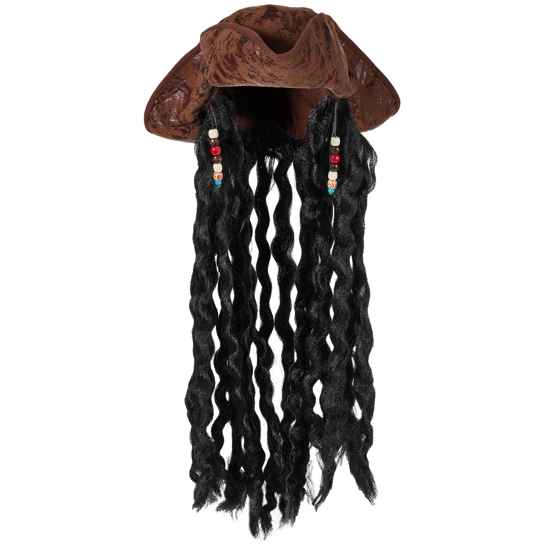 dressforfun Kostüm Dreispitz/Seeräuberhut Piratenhut, in braun/schwarz, Für Fasching, Hut mit langen schwarzen Haaren, Strapazierfähig und langlebig