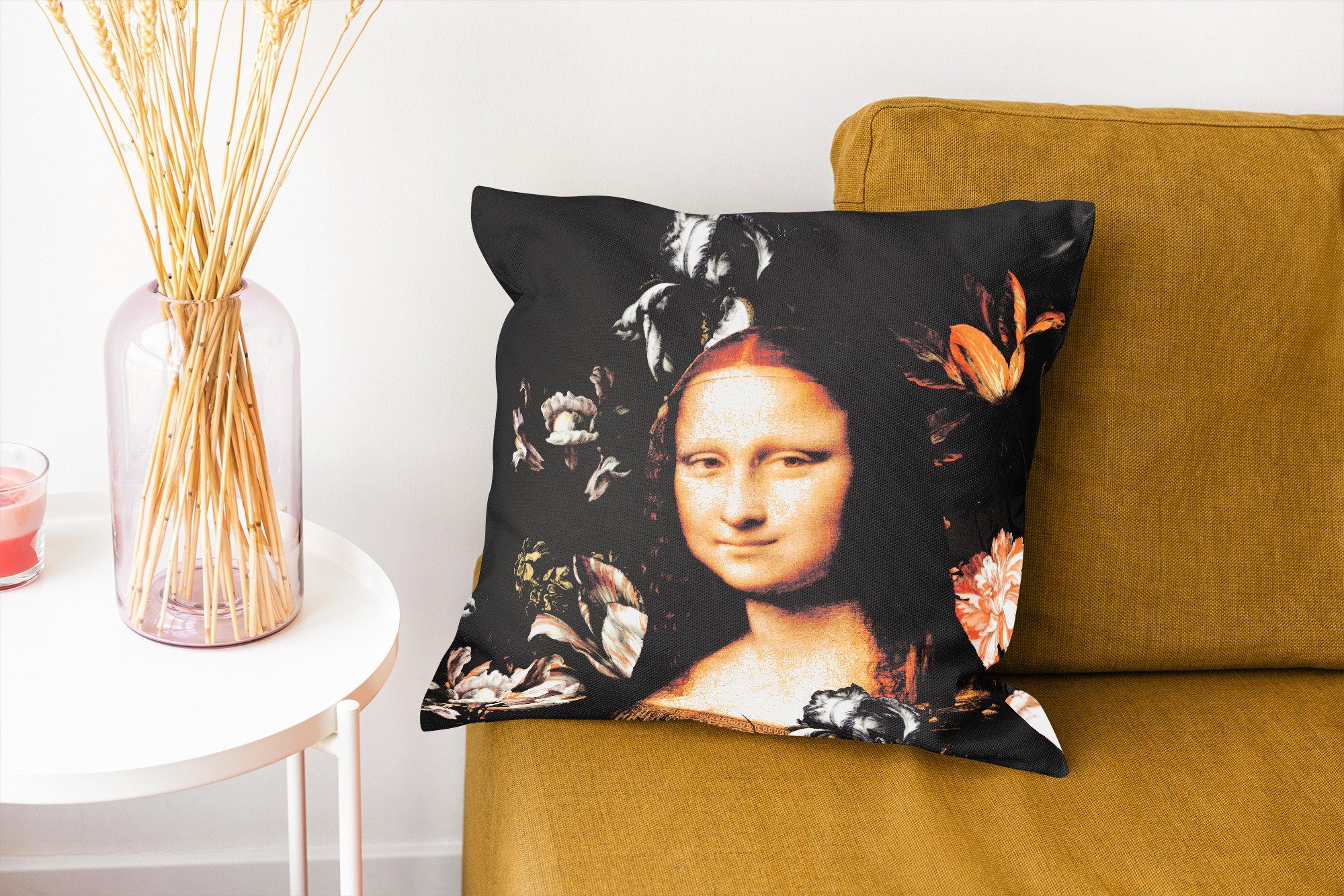 MuchoWow Dekokissen Mona Lisa Alte Sofakissen Zierkissen Meister, für mit Deko, Füllung Wohzimmer, Blumen - - Schlafzimmer