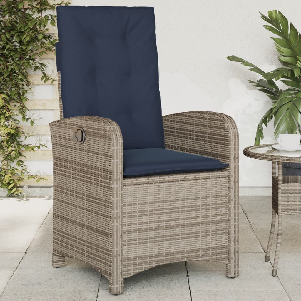 vidaXL Gartenstuhl Gartensessel mit Kissen 2 Stk. Verstellbar Grau Poly Rattan