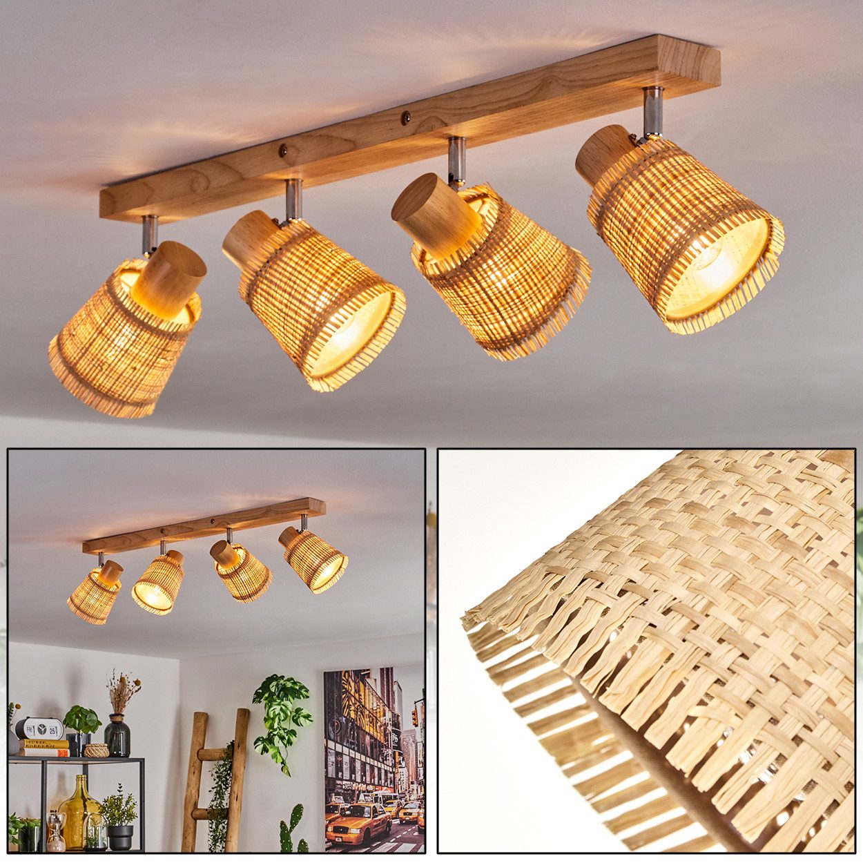 hofstein Deckenleuchte Deckenlampe aus Holz/Metall/Bast in Hellbraun/Chrom-/Naturfarben, ohne Leuchtmittel, mit verstellbaren Strahlern, 4 x E14, ohne Leuchtmit – Bild 2 von 5