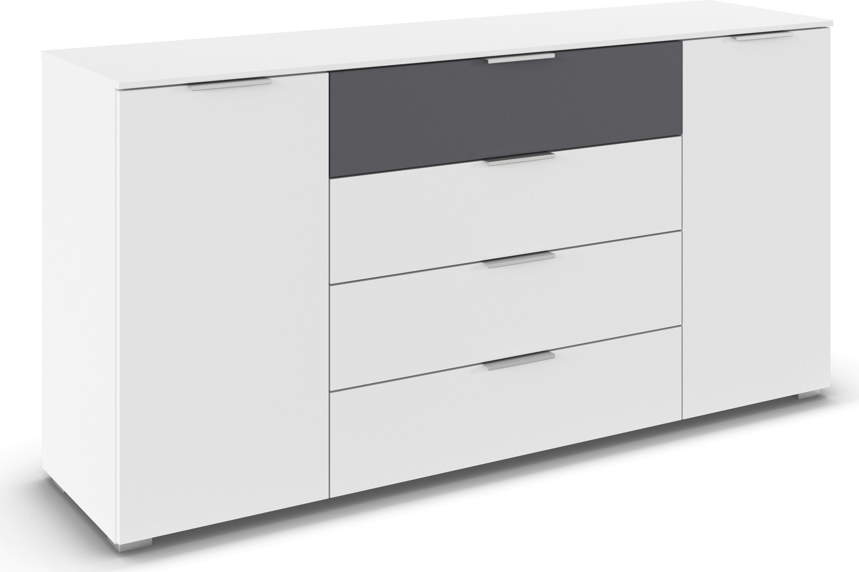 rauch Kombikommode Sideboard Türkommode Schubladenkommode Kommode ASTANA (Breite 160 cm / Höhe 81 cm, mit 4 Einlegeböden), 2-türig, 4 geräumige Schubladen, Kantengriff Alufarben MADE IN GERMANY