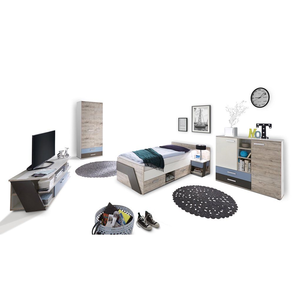 Lomadox Jugendzimmer-Set (Sparset, Blau weiß LEEDS-10, Nachbildung und Sandeiche Lava mit Denim 5-tlg)