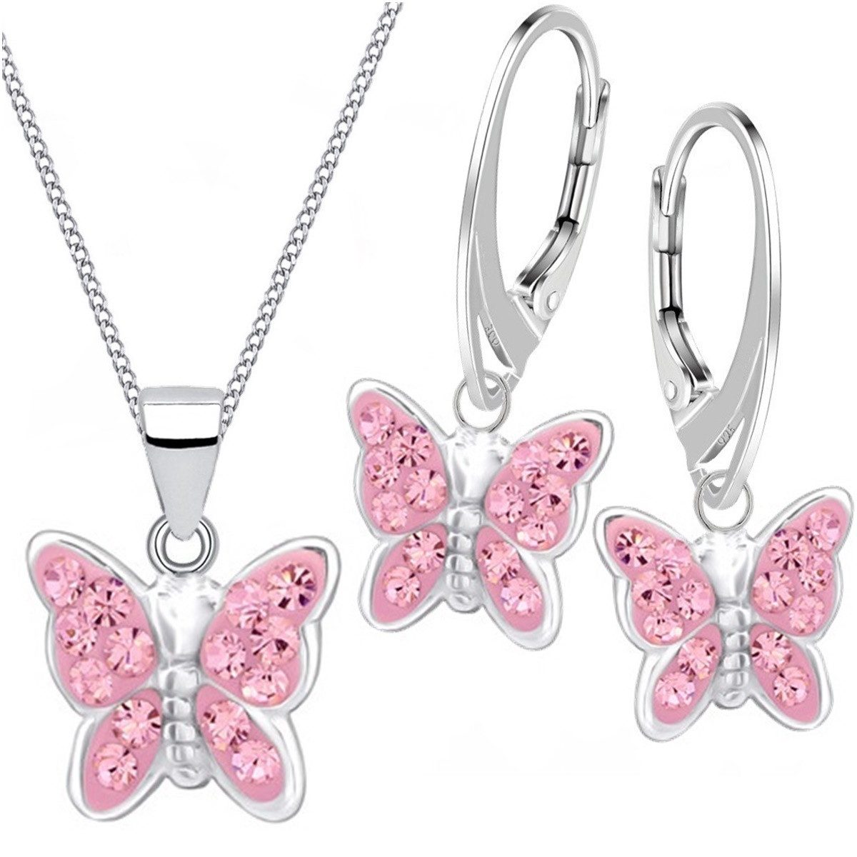 Goldene Hufeisen Schmuckset Kristall Schmetterling Ohrringe Anhänger Kette 925 Silber Set (4-tlg, inkl. Geschenk-Etui), Geschenkset