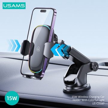 USAMS US-CD187 15W Wireless Charging Car Holder With Colorful Light Handy-Halterung, (bis 6,70 Zoll, 15W, Ladefunktion, mit bunten Licht, Armaturenbrett und Lüftungsgitter)