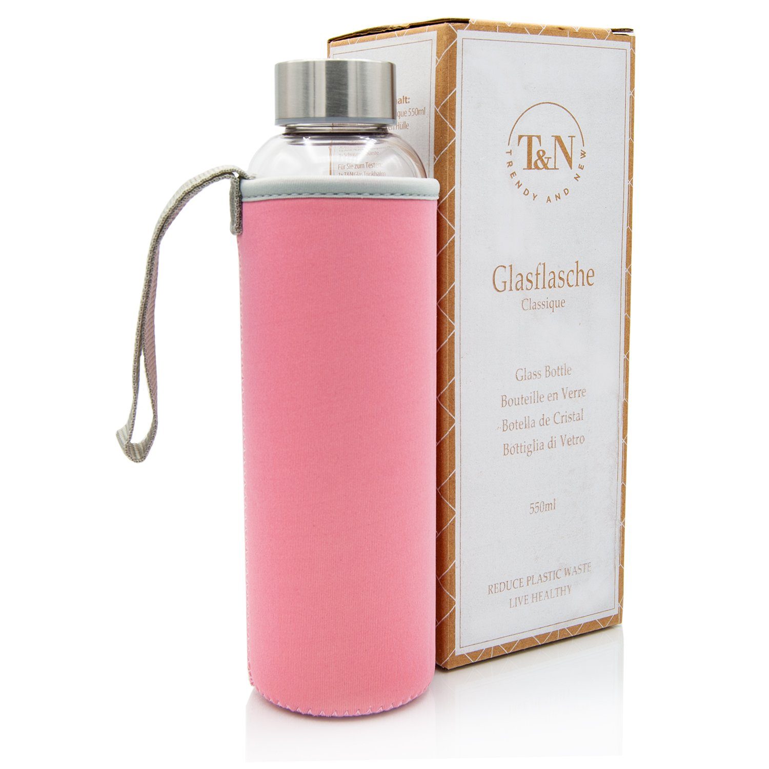 TRENDY AND NEW Trinkflasche T&N Glasflasche Classique 550ml, Trinkflasche Glas mit Neoprenhülle, Wasserflasche auslaufsicher, Glastrinkflasche aus dickerem Borosilikatglas für Kohlensäure geeignet für unterwegs Büro oder zu Hause, Schlankes Design