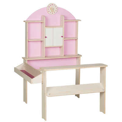 roba® Kaufladen Holz natur, rosa, weiß, Seitentheke & Uhr
