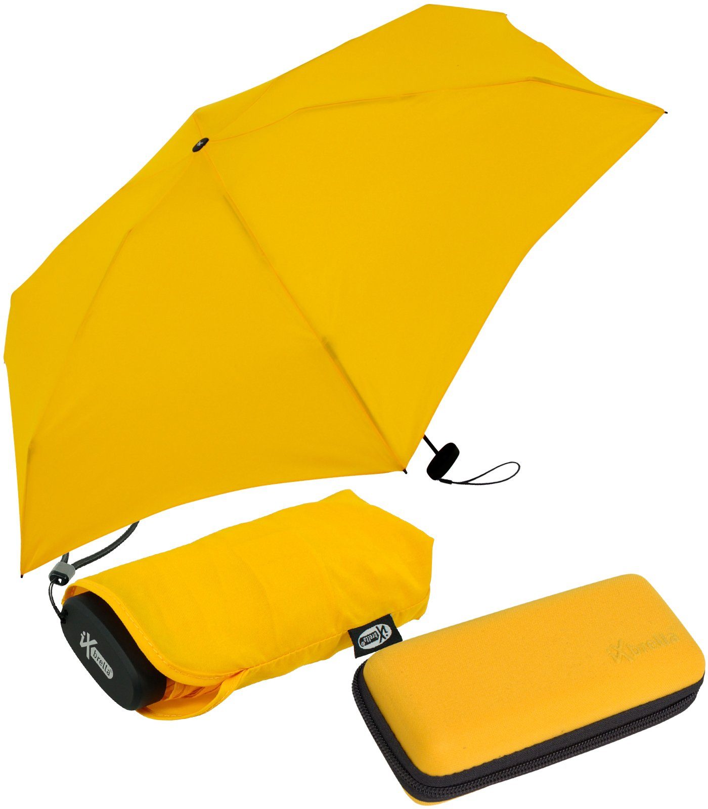 iX-brella Taschenregenschirm Ultra Mini 15 cm winziger Schirm im Handy Format, ultra-klein, mit Softcase-Etui, gold fusion yellow