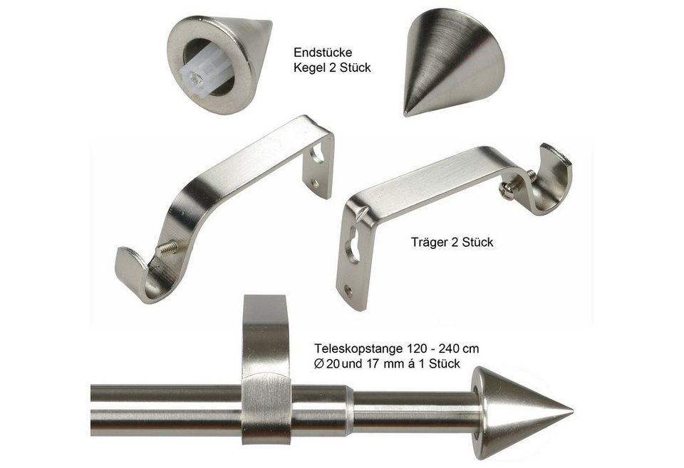 Gardinenstange Kegel Ã˜ 20 mm, Liedeco, Ø 20 mm, 1-läufig, ausziehbar, mit  Bohren, verschraubt, edelstahlfarben