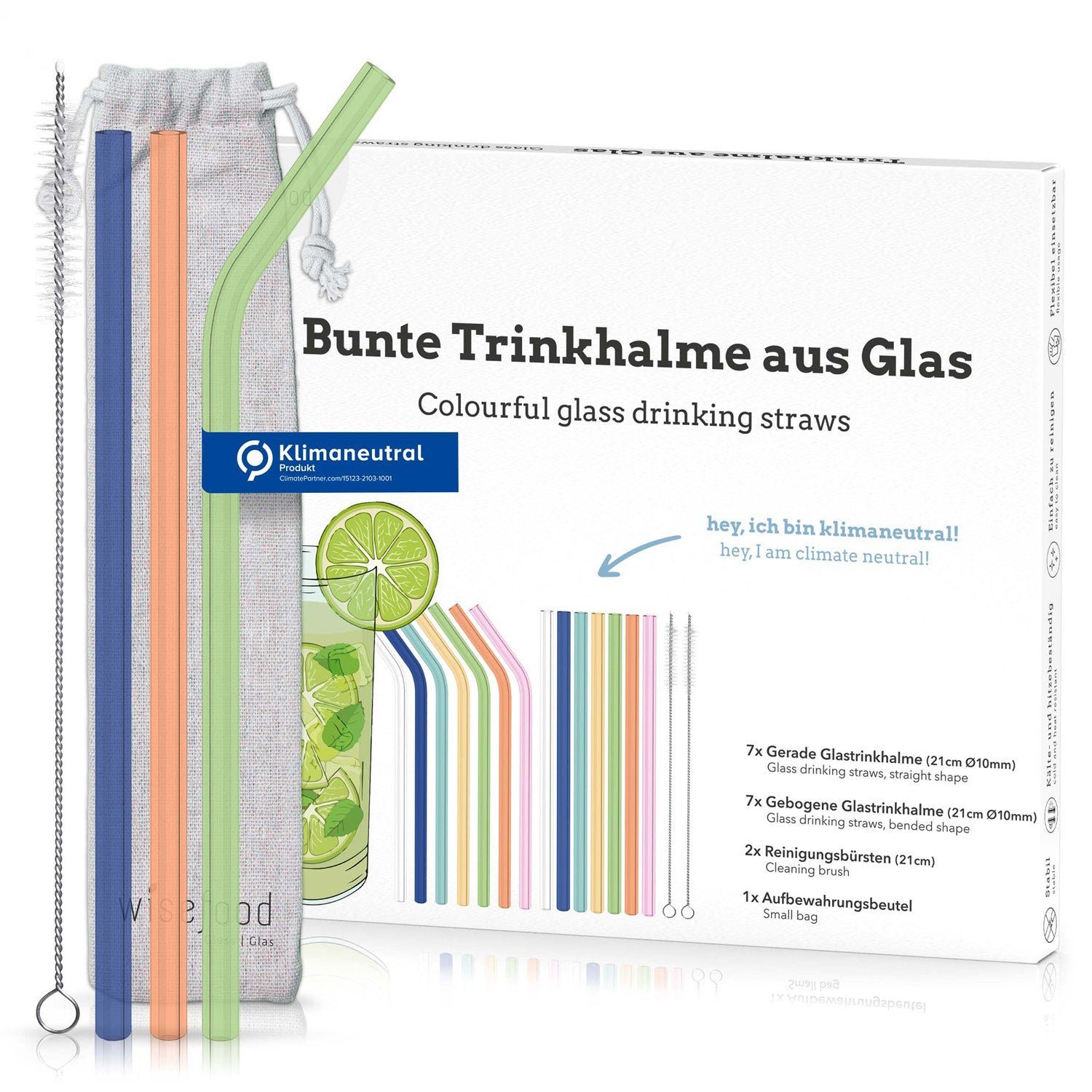 wisefood Trinkhalme Glas Trinkhalm Set bunt: 14 Halme + 2 Bürsten, (14-tlg)