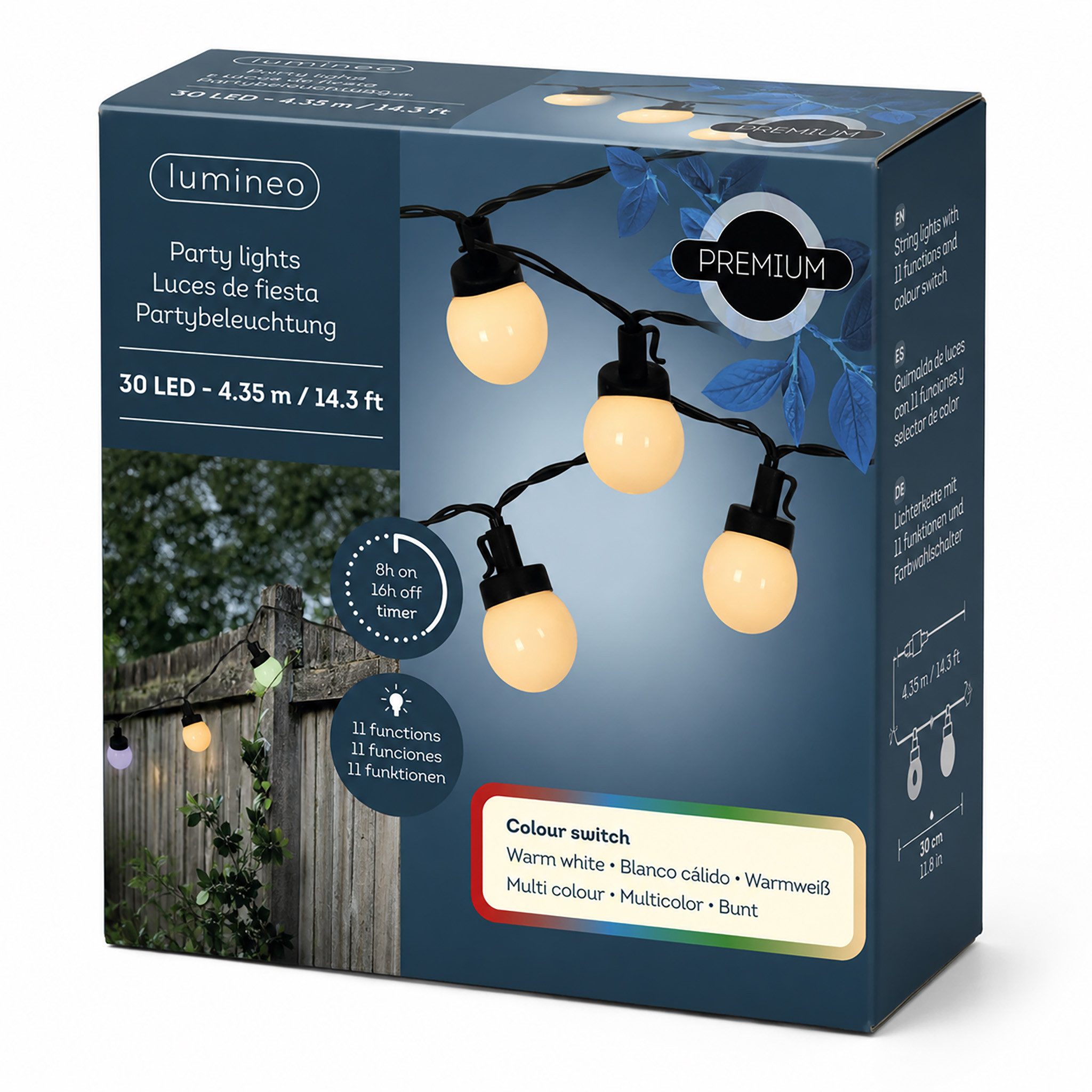 Lumineo LED-Girlande, LED Lichterkette 30 Glühbirnen 4,35m Outdoor Twinkle Effekt Bunt Weiß