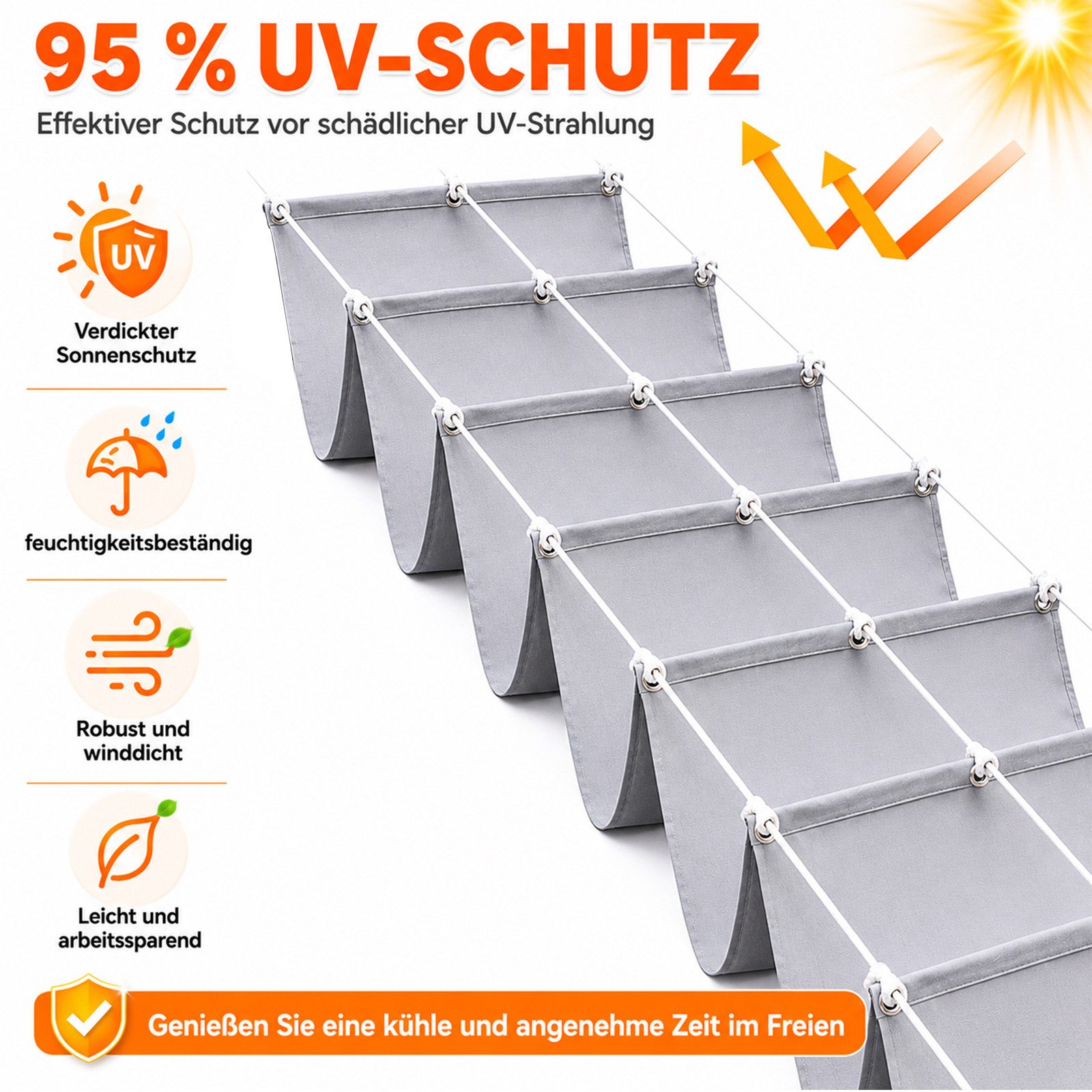 Rosnek Sonnensegel mit Ösen, 95% UV-Schutz, wasserdicht & windfest, Wellenförmiges Schattendach für Garten, Terrasse & Balkon