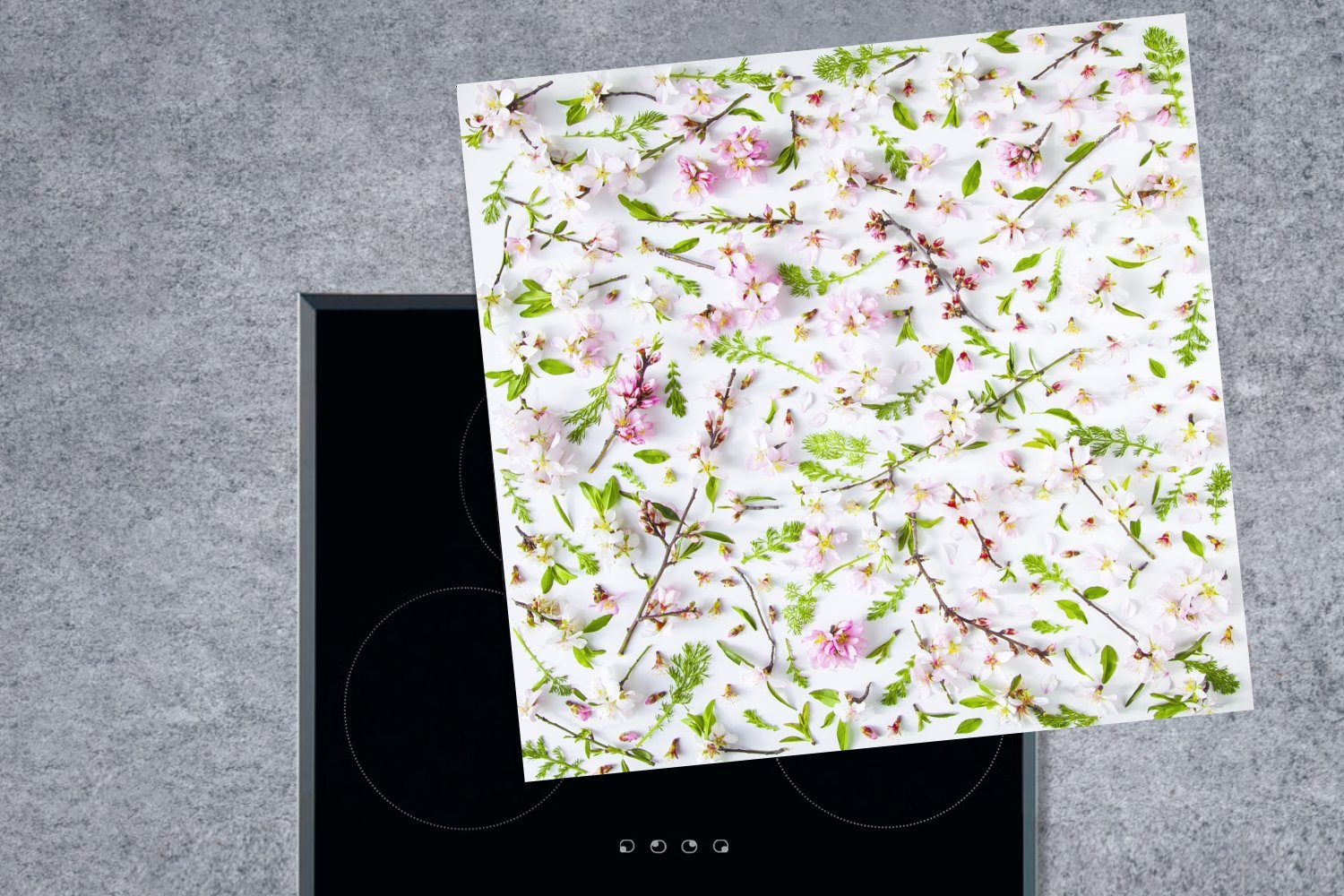 rosa Ein weißes MuchoWow Vinyl, Blumenmuster, tlg), (1 küche und Arbeitsplatte 78x78 Ceranfeldabdeckung, Herdblende-/Abdeckplatte für cm,