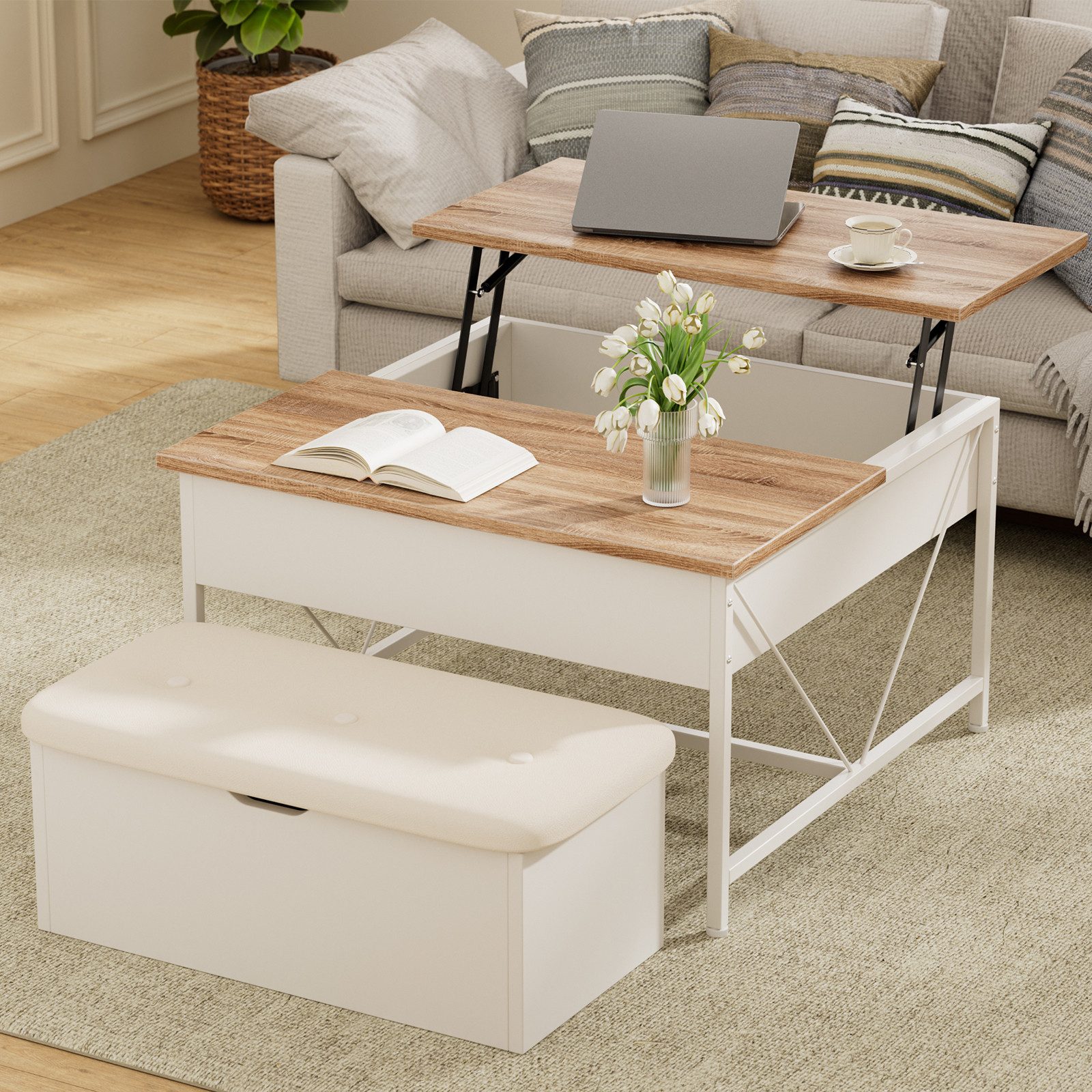 PEALOV Couchtisch höhenverstellbar mit Lift-Top Tischplatte und Stauraum, 80x80x47cm (2-St., mit gepolstertem Hocker), Multifunktionaler Wohnzimmertisch mit Sitzbank für Wohnzimmer