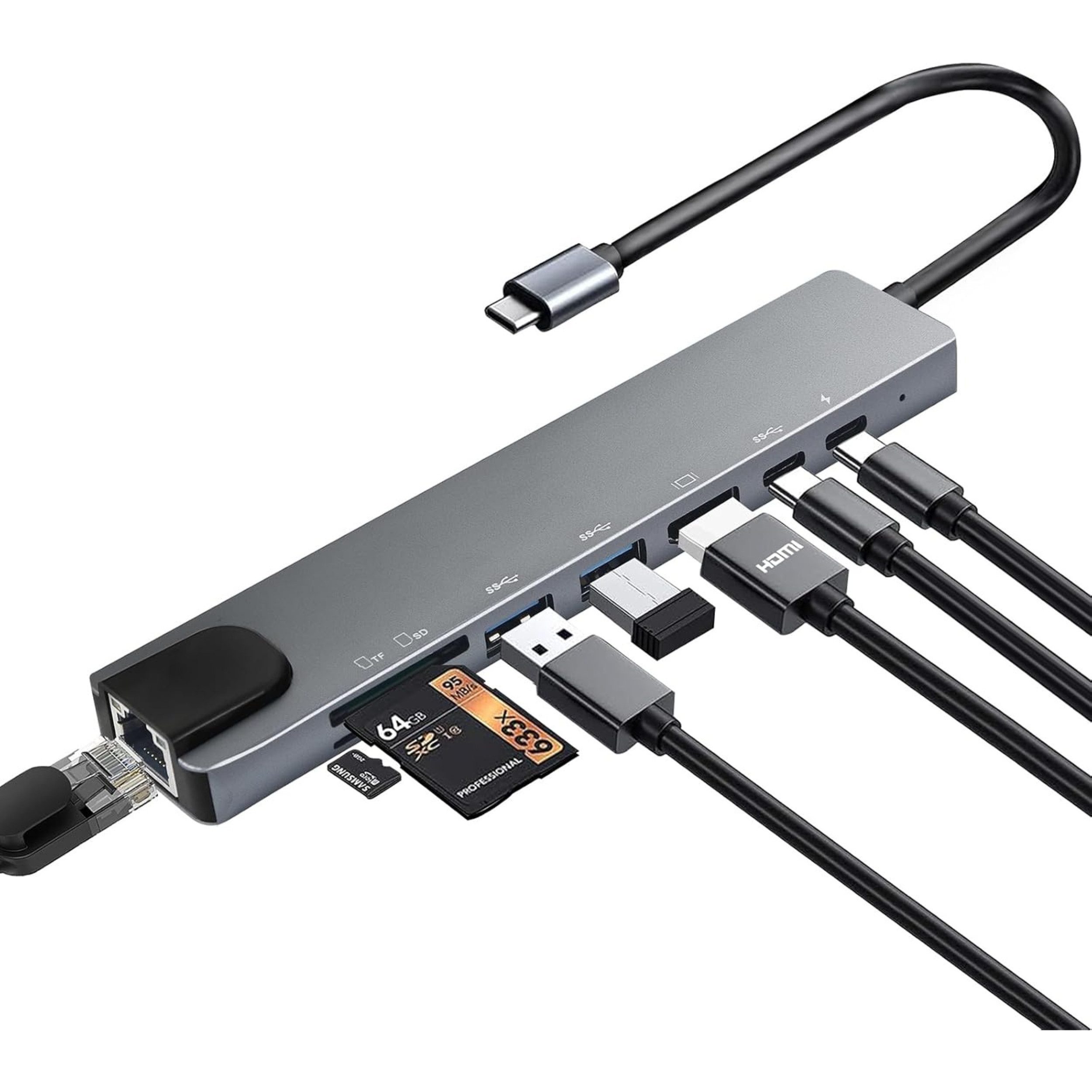 ChargeMate Laptop-Dockingstation USB-C Hub 8 in 1 Adapter 4K HDMI LAN USB 3.1 USB-C microSD & SD-Slot, (Packung), Universell kompatibel mit macOS, Windows und Linux