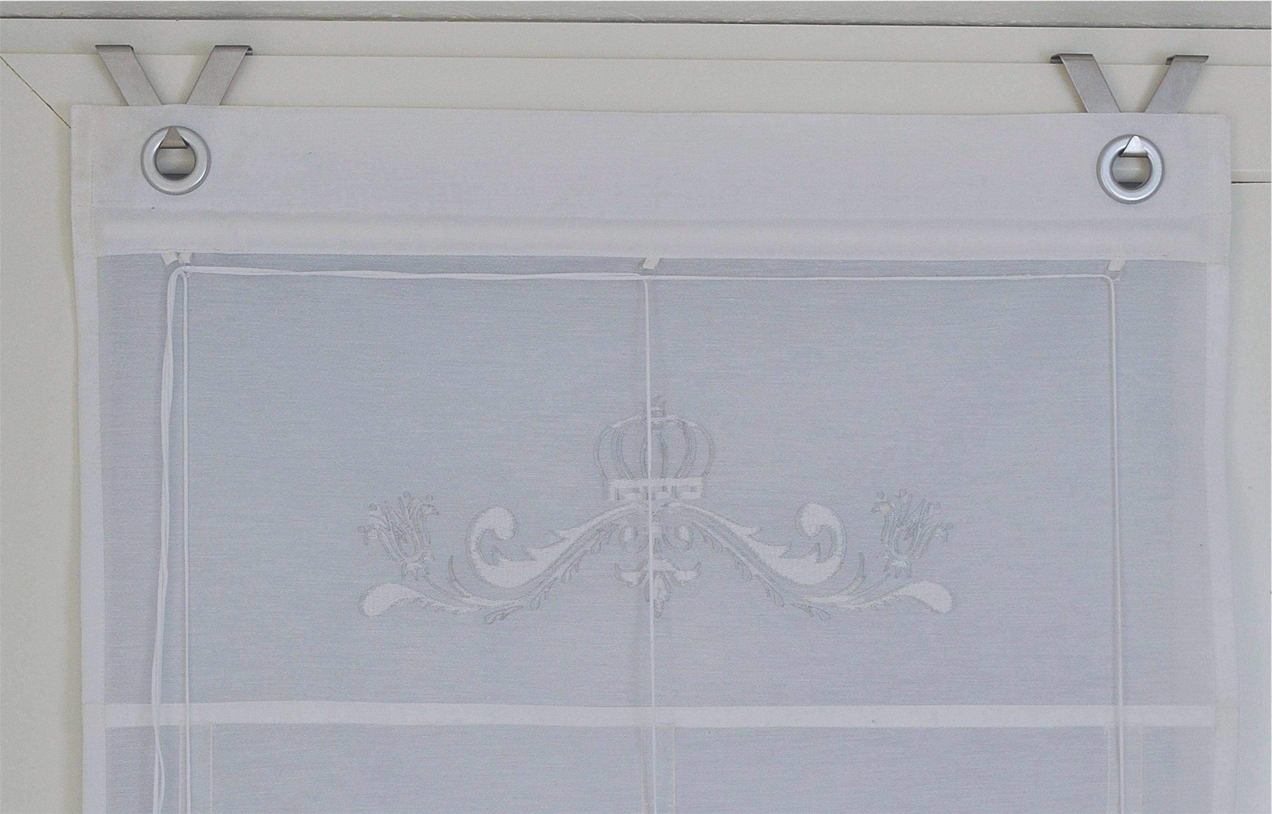 Kutti Raffrollo Kessy Crown, mit Hakenaufhängung, ohne Bohren, Ösenrollo, weiß, blickdicht, bestickt, Motiv, Krone, silber