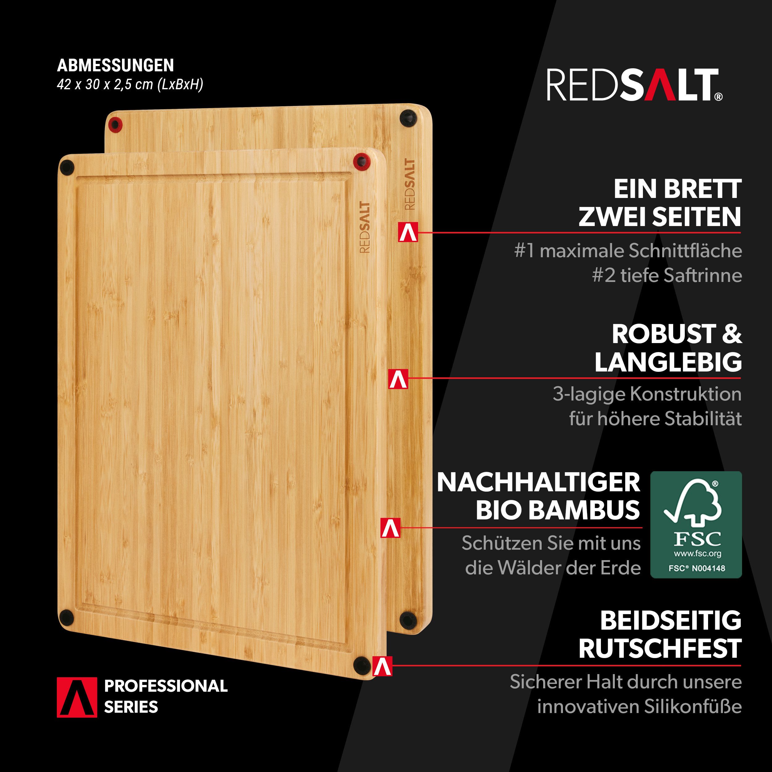 REDSALT® Schneidebrett rutschfestes Bambus Küchenbrett beidseitig verwendbar antibakteriell, 36x26x2,5, tiefe Saftrille, innovative Silikonfüße, nachhaltig