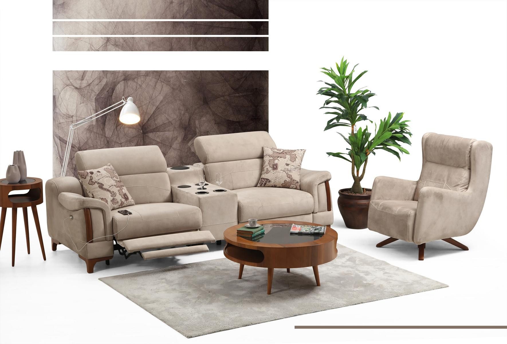 JVmoebel Polstergarnitur Beige Sofagarnitur mit Designerpolsterung und ausziehbaren Fußstützen, (Set, 2-tlg., Nur 2 Sitzer SOUND SISTEM + Sessel), Made in Europa