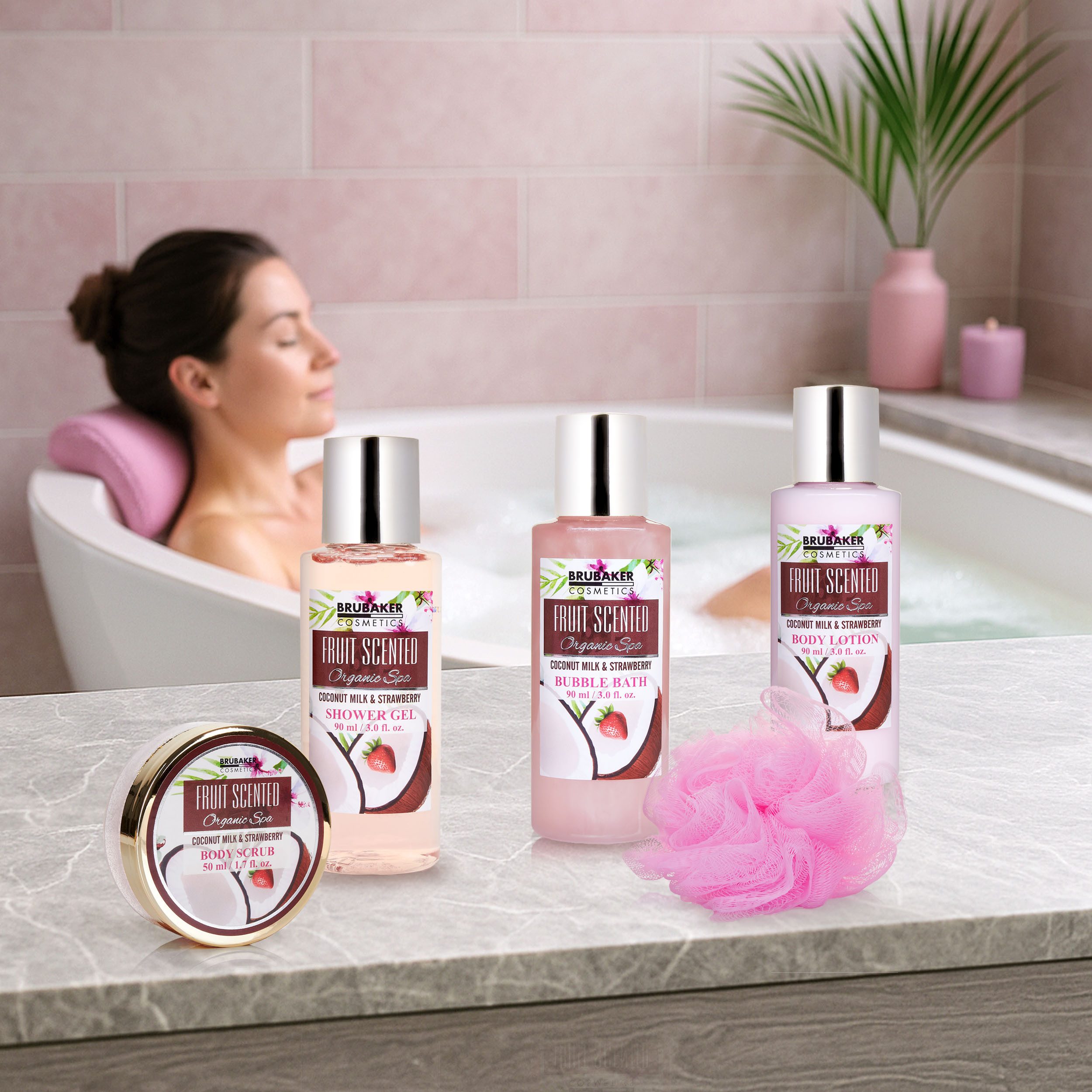 BRUBAKER Pflege-Geschenkset Badeset mit Erdbeeren & Kokosnuss Duft, Beauty Geschenkset, 5-tlg., Frauen Geschenk Set in Sichtfensterbox, Beauty Pflegeset für Dam – Bild 5 von 5