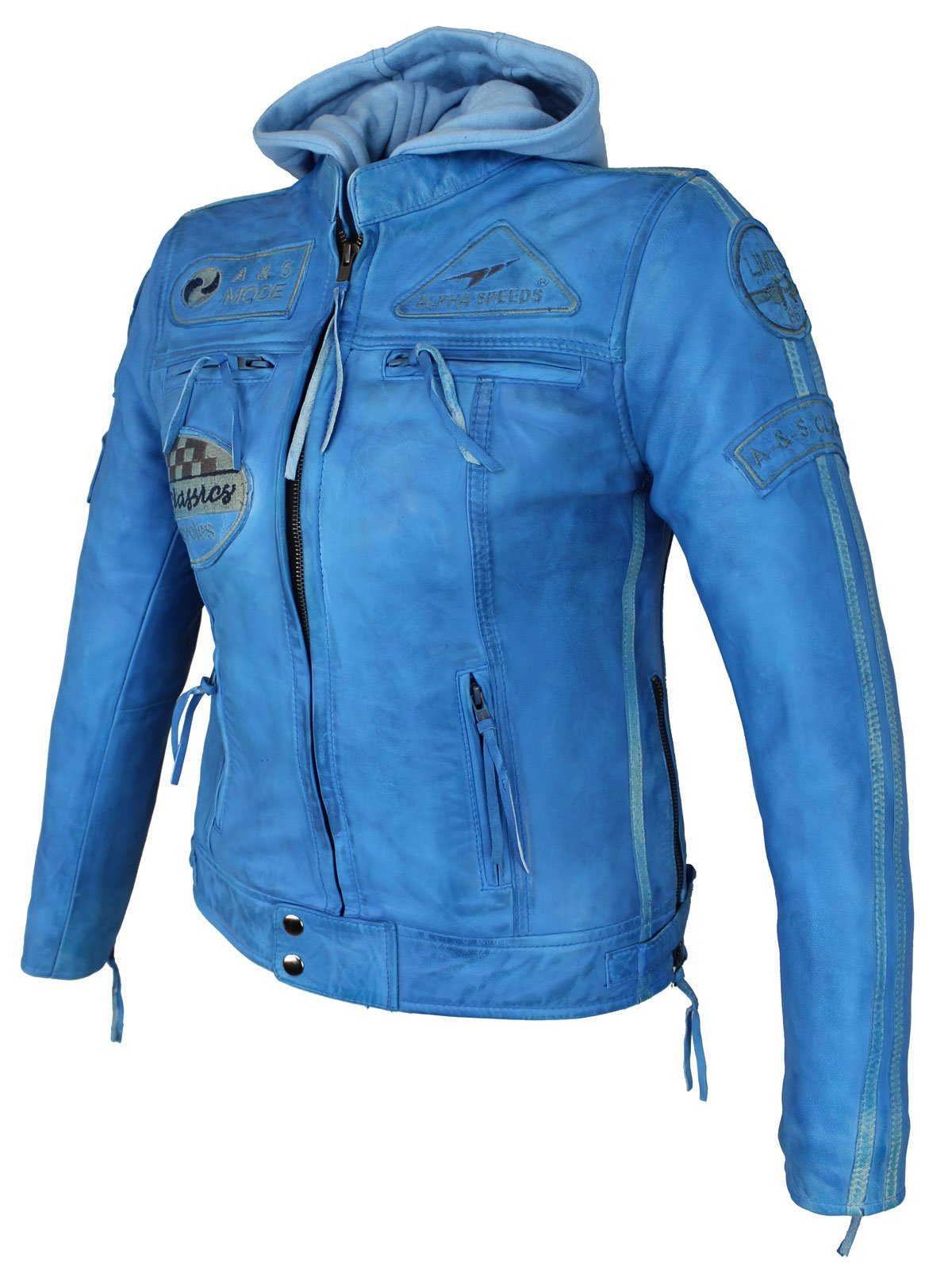 Alpha Speeds Highway Biker Protektoren einem weichem inklusive einem (mit Motorradjacke trennbaren Lammleder, aus Freizeit Lederjacke Kapuze) Damen Blau Jacke